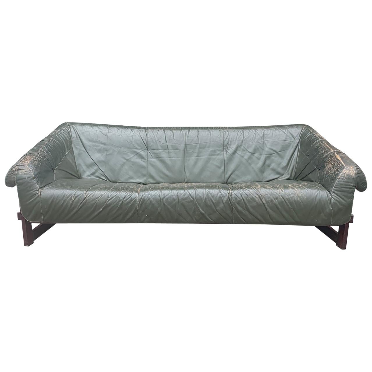 Percival Lafer Brazilian Sofa with Dark Green Leather