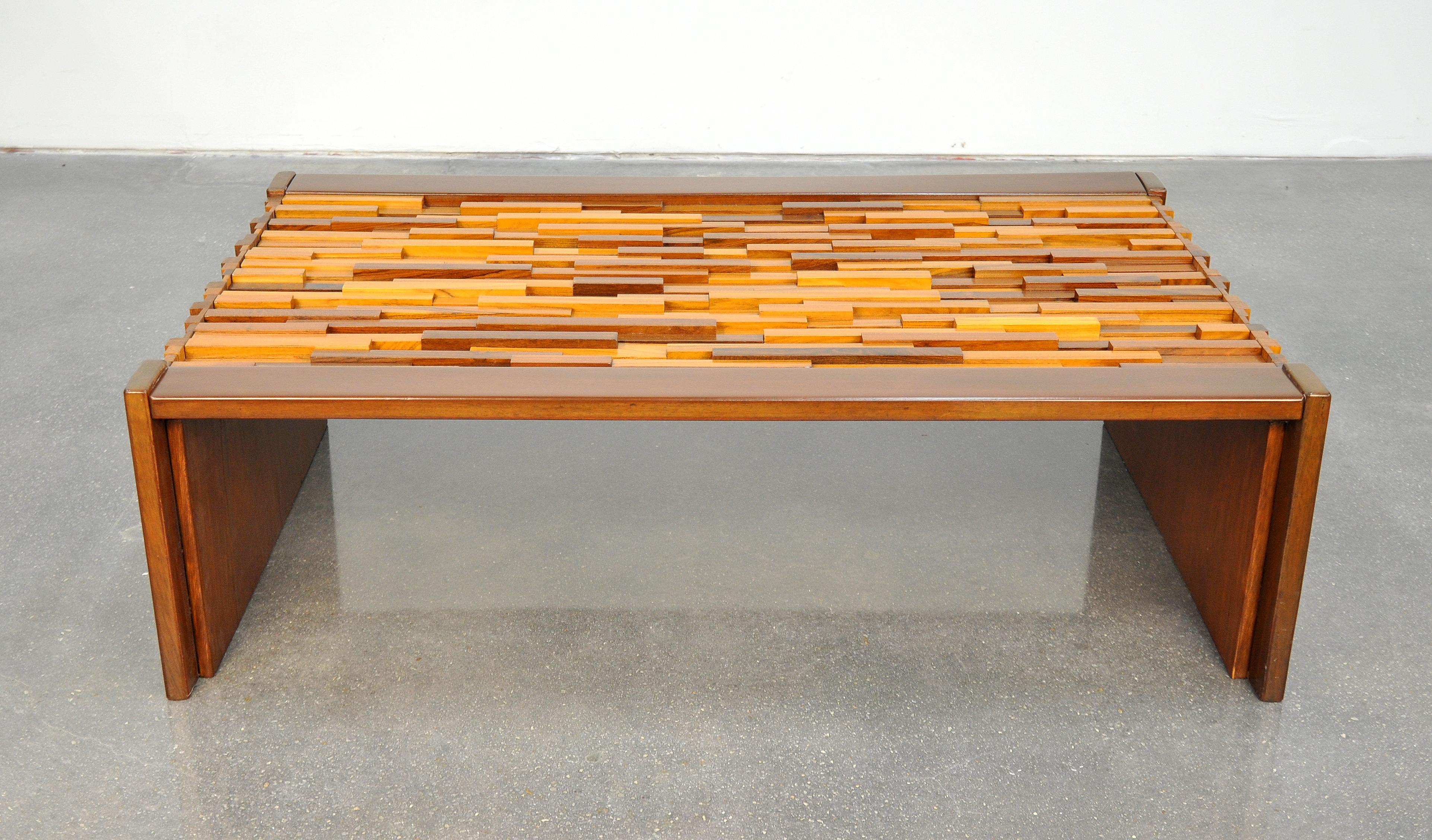 Glass Percival Lafer Rosewood, Teak and Mahogany Brutalist Coffee Table