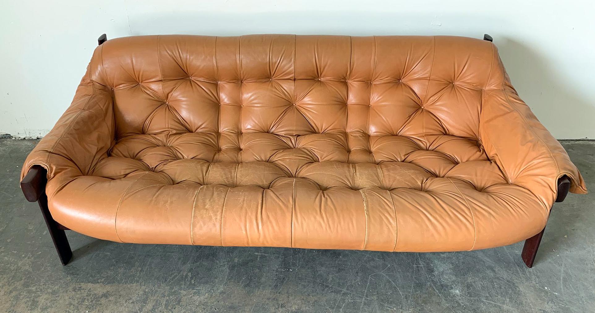 Mid-Century Modern Percival Lafer Cognac Leather and Brazilian Rosewood Sofa MP-41 Series