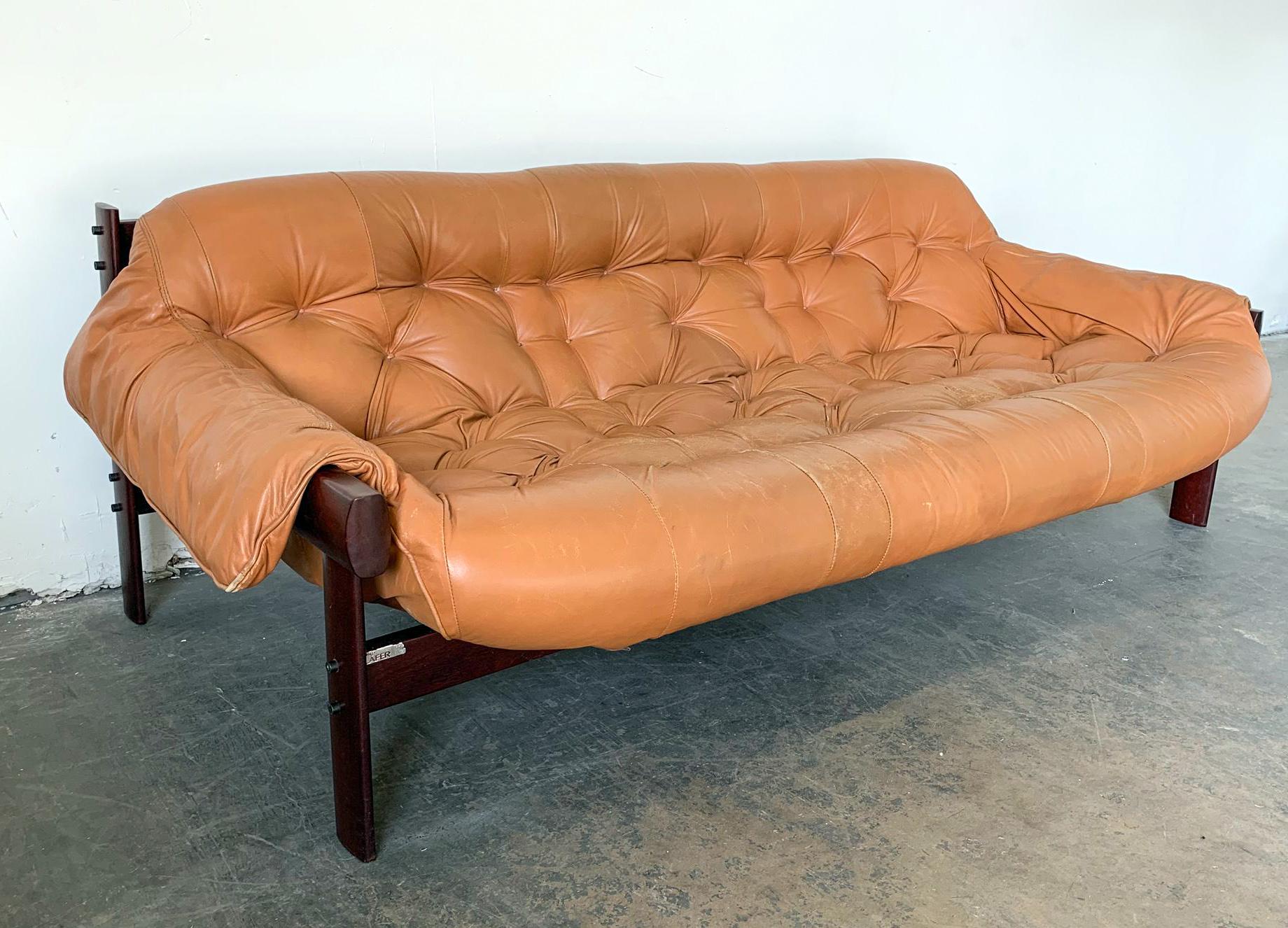 Late 20th Century Percival Lafer Cognac Leather and Brazilian Rosewood Sofa MP-41 Series