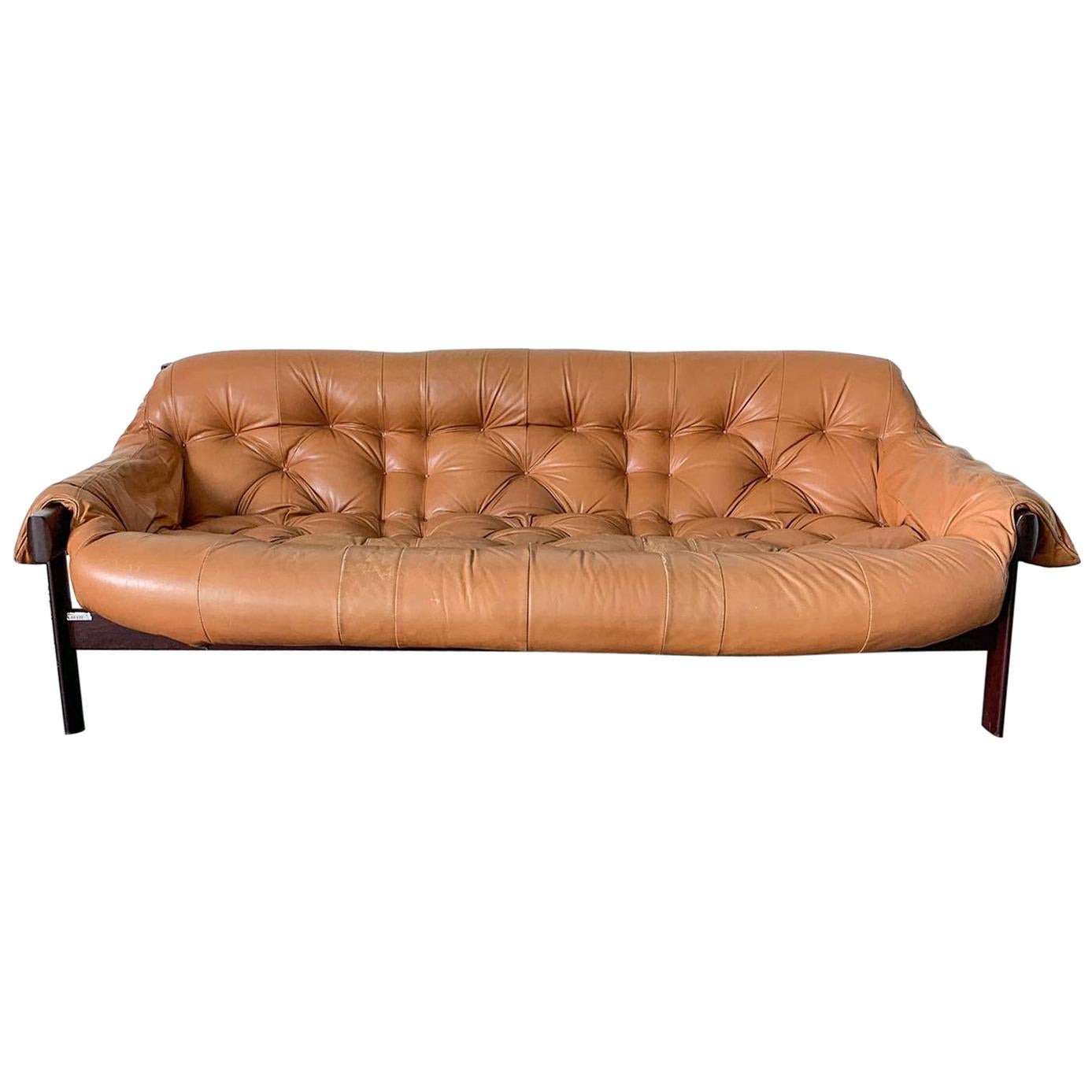 Percival Lafer Cognac Leather and Brazilian Rosewood Sofa MP-41 Series