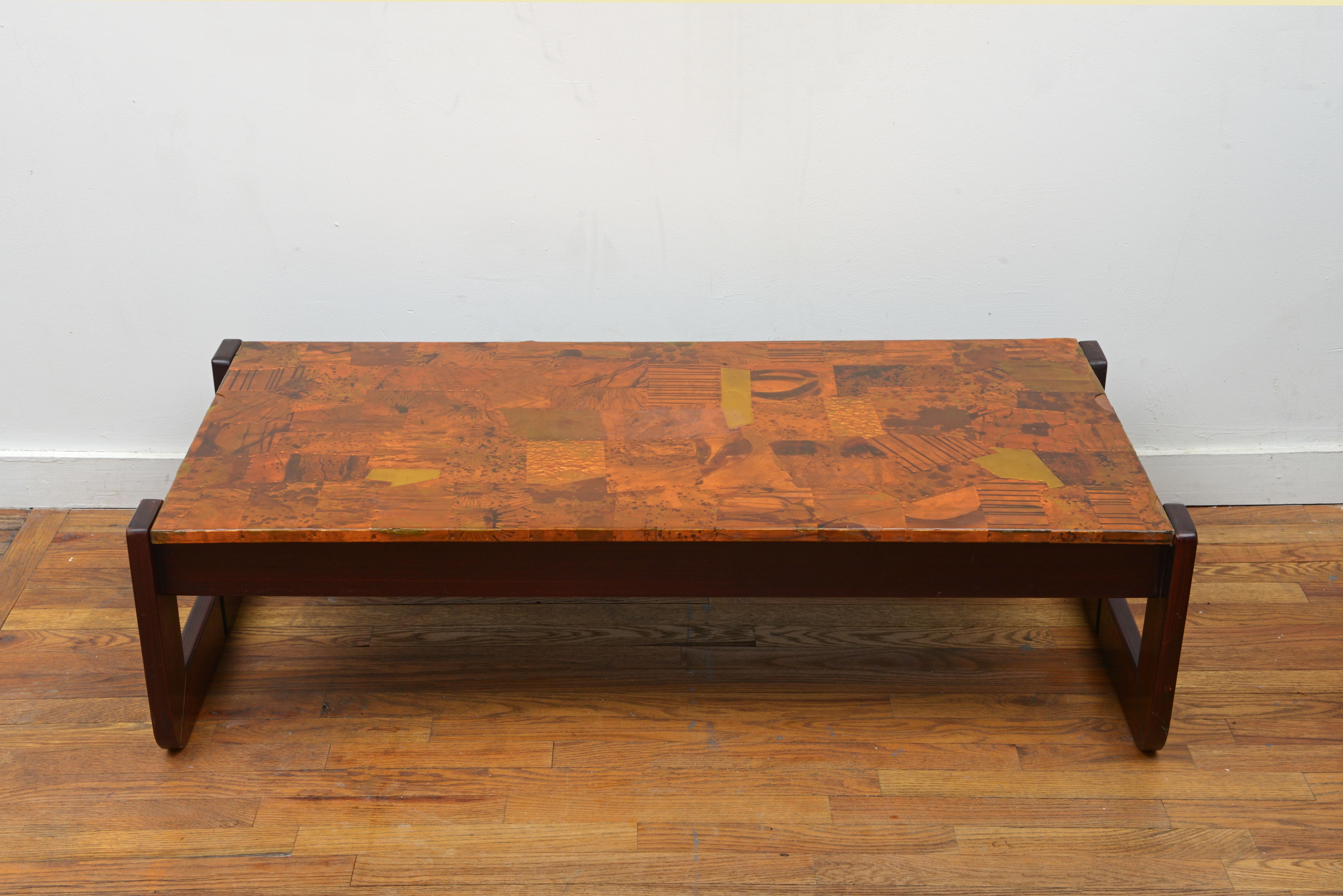 One incredible Percival Lafer copper Patchwork with solid rosewood frame coffee tables 1970s. This Brazilian modern beauty features a removable top and hardware on all corners to tighten up the frame.