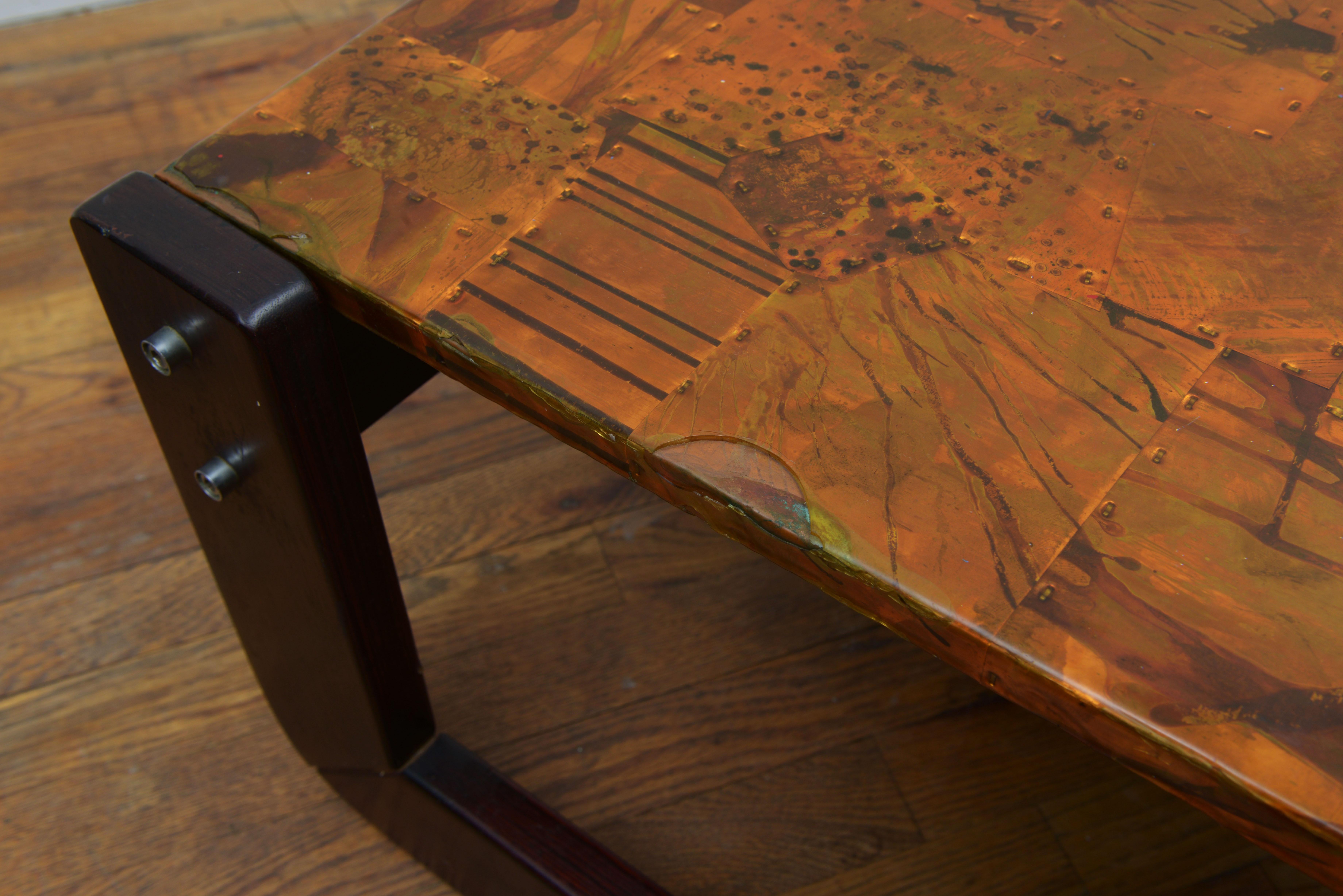Metal Percival Lafer Copper Patchwork and Rosewood Coffee Table, 1970s