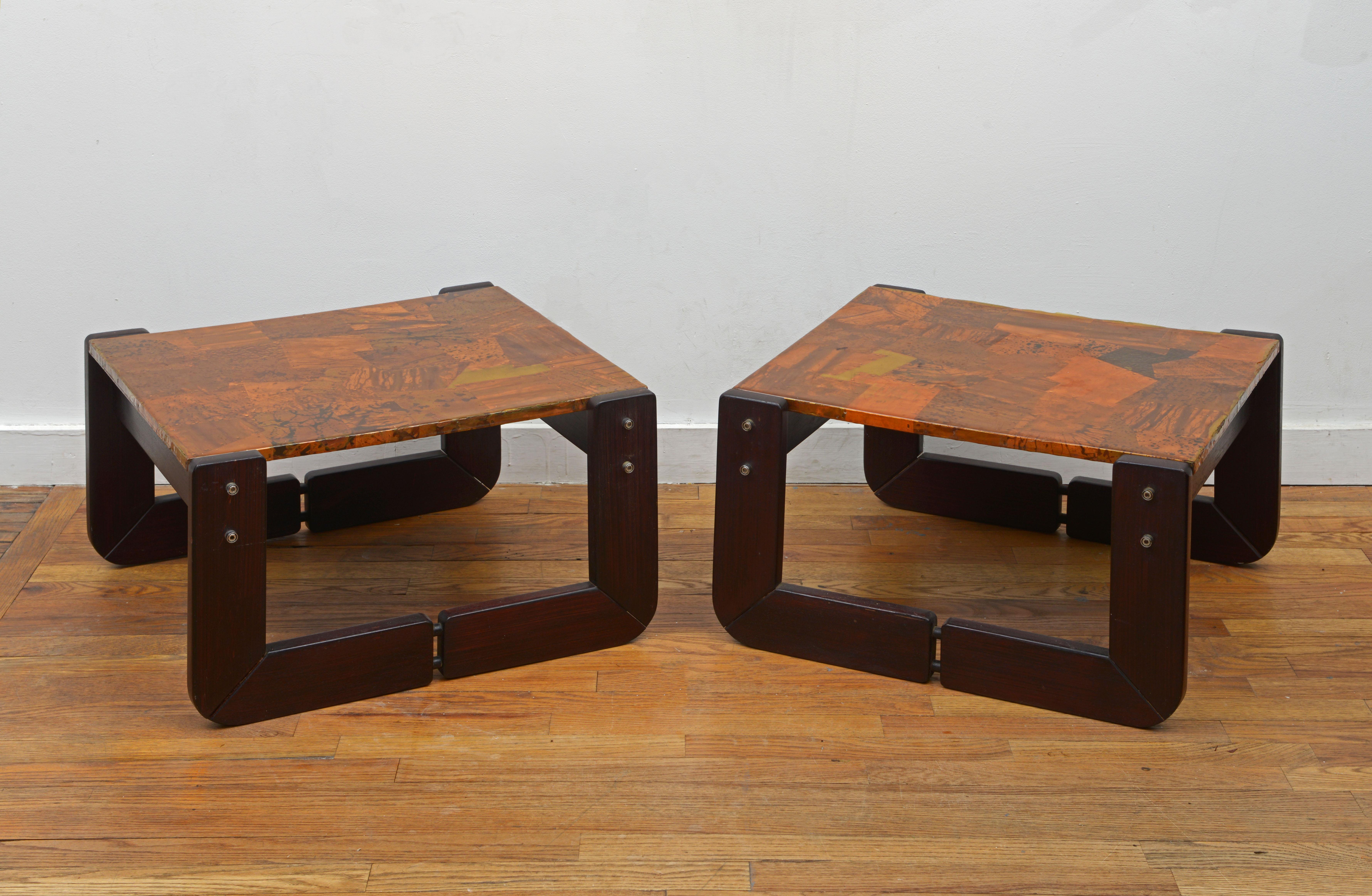 One incredible pair of Percival Lafer copper patchwork with solid rosewood frames end tables 1970s (Signed with Lafer MP Made in Brazil label). These Brazilian modern beauties feature removable tops and hardware on all corners to tighten up the