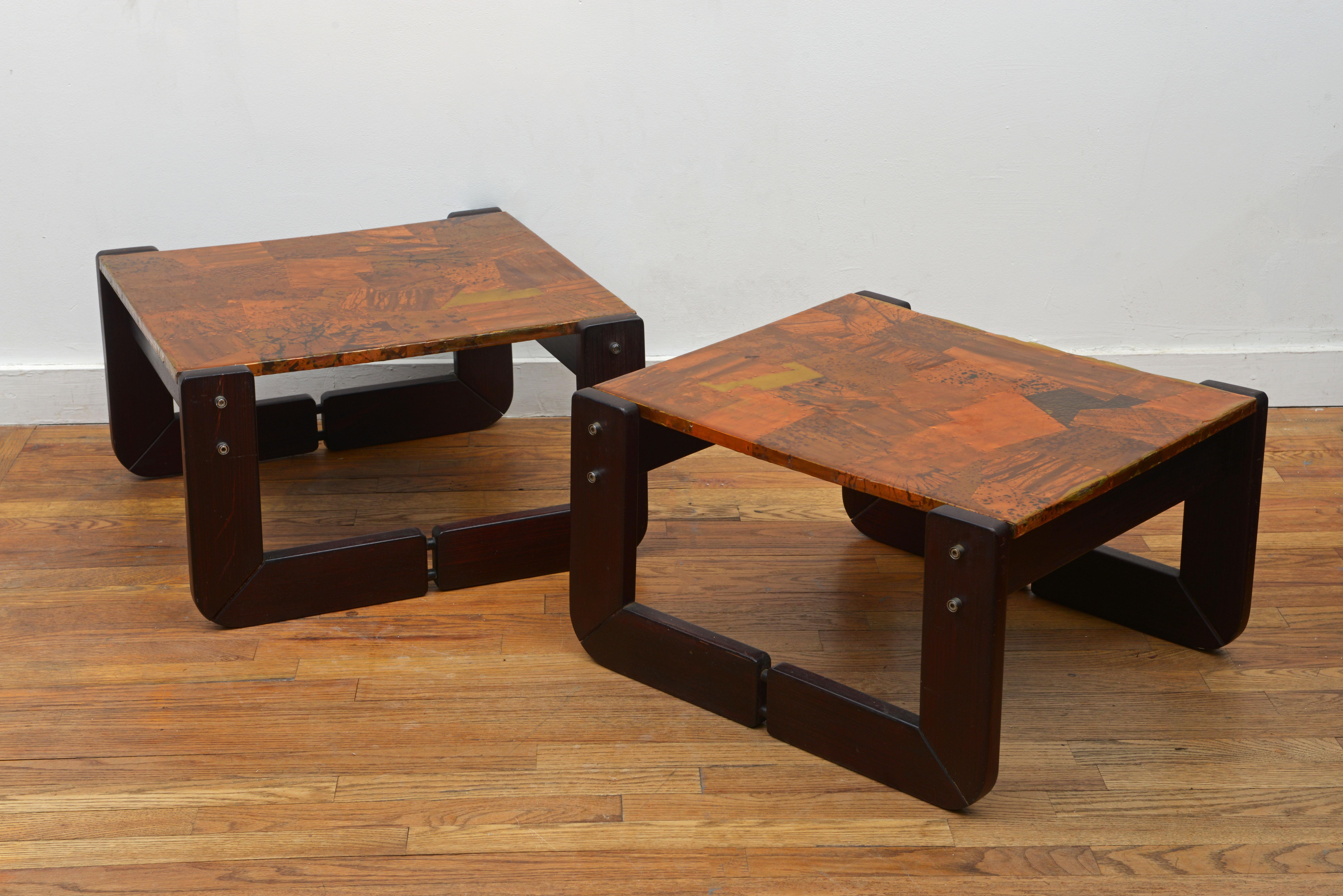 Mid-Century Modern Percival Lafer Copper Patchwork and Rosewood End Tables 1970s, 'Signed' For Sale