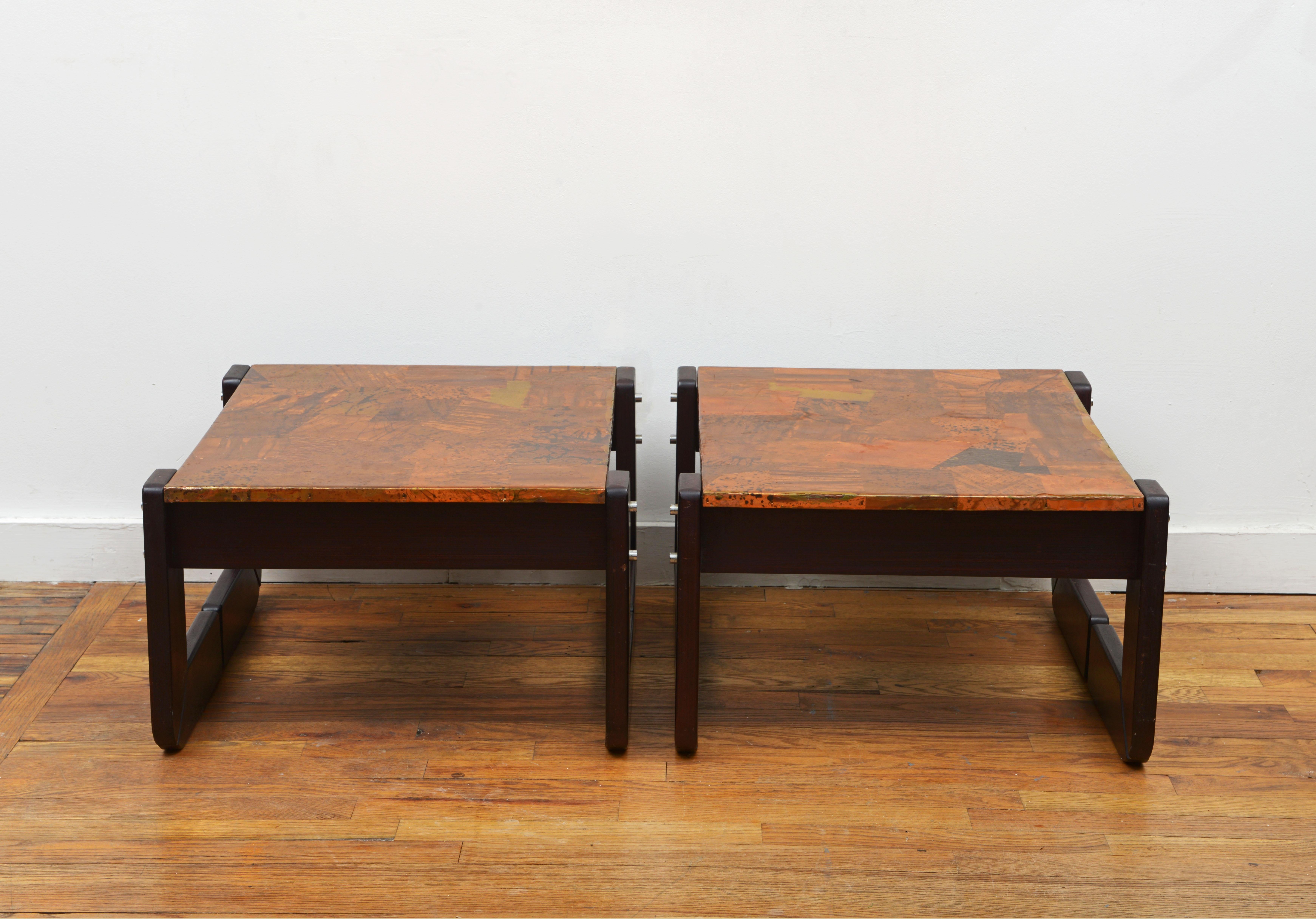 Brazilian Percival Lafer Copper Patchwork and Rosewood End Tables 1970s, 'Signed' For Sale