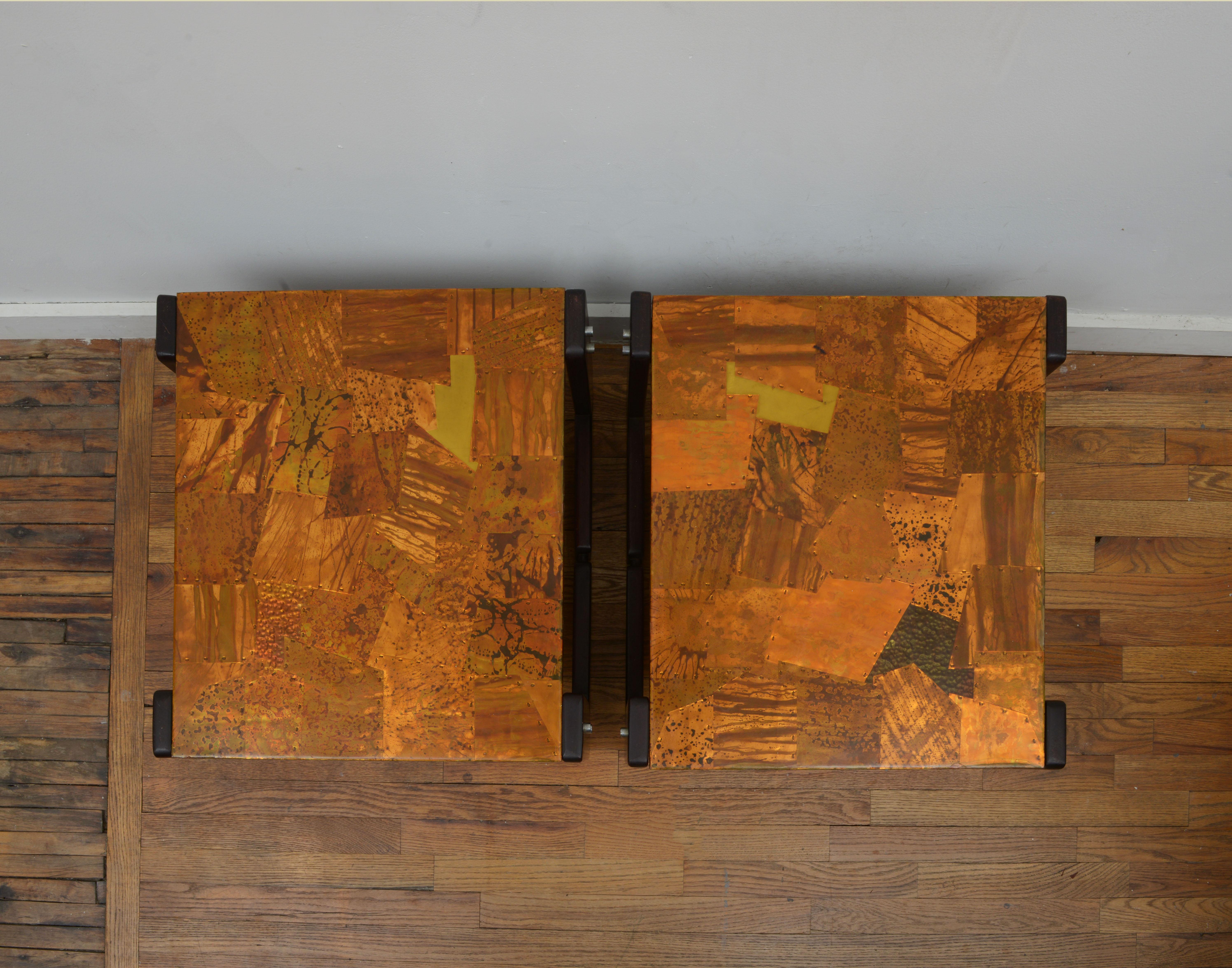 Hand-Crafted Percival Lafer Copper Patchwork and Rosewood End Tables 1970s, 'Signed' For Sale