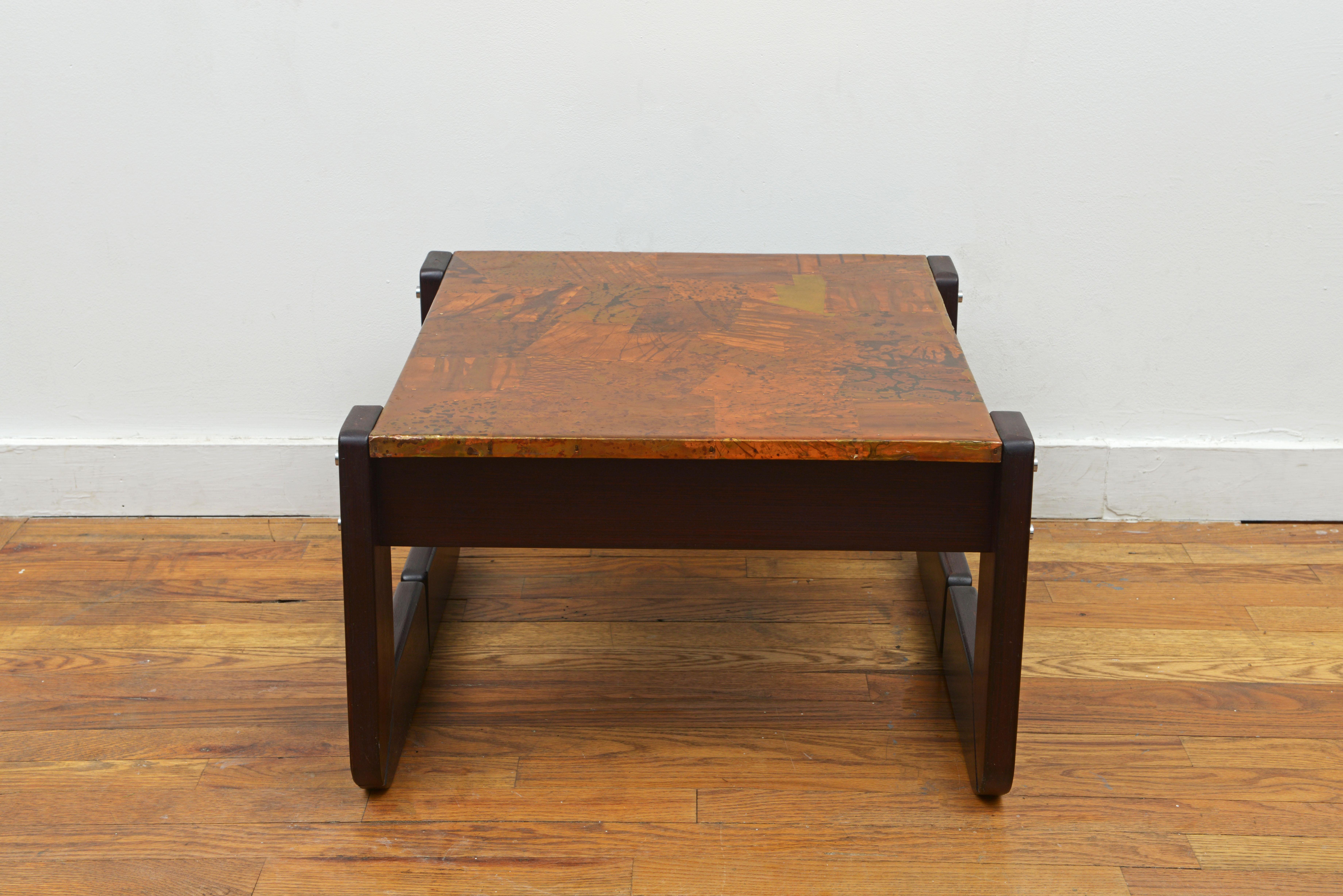 Percival Lafer Copper Patchwork and Rosewood End Tables 1970s, 'Signed' In Good Condition For Sale In Brooklyn, NY
