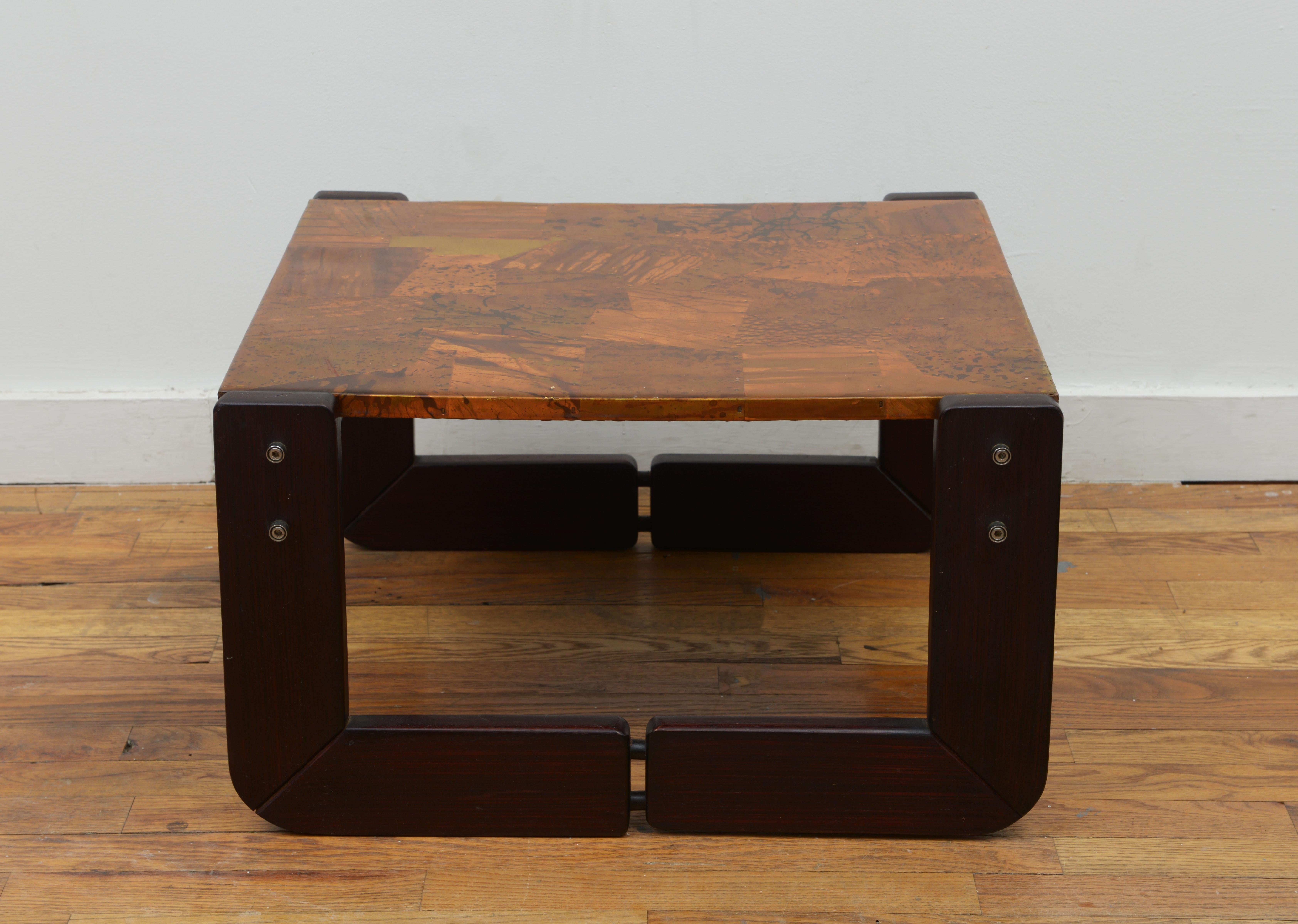 Metal Percival Lafer Copper Patchwork and Rosewood End Tables 1970s, 'Signed' For Sale