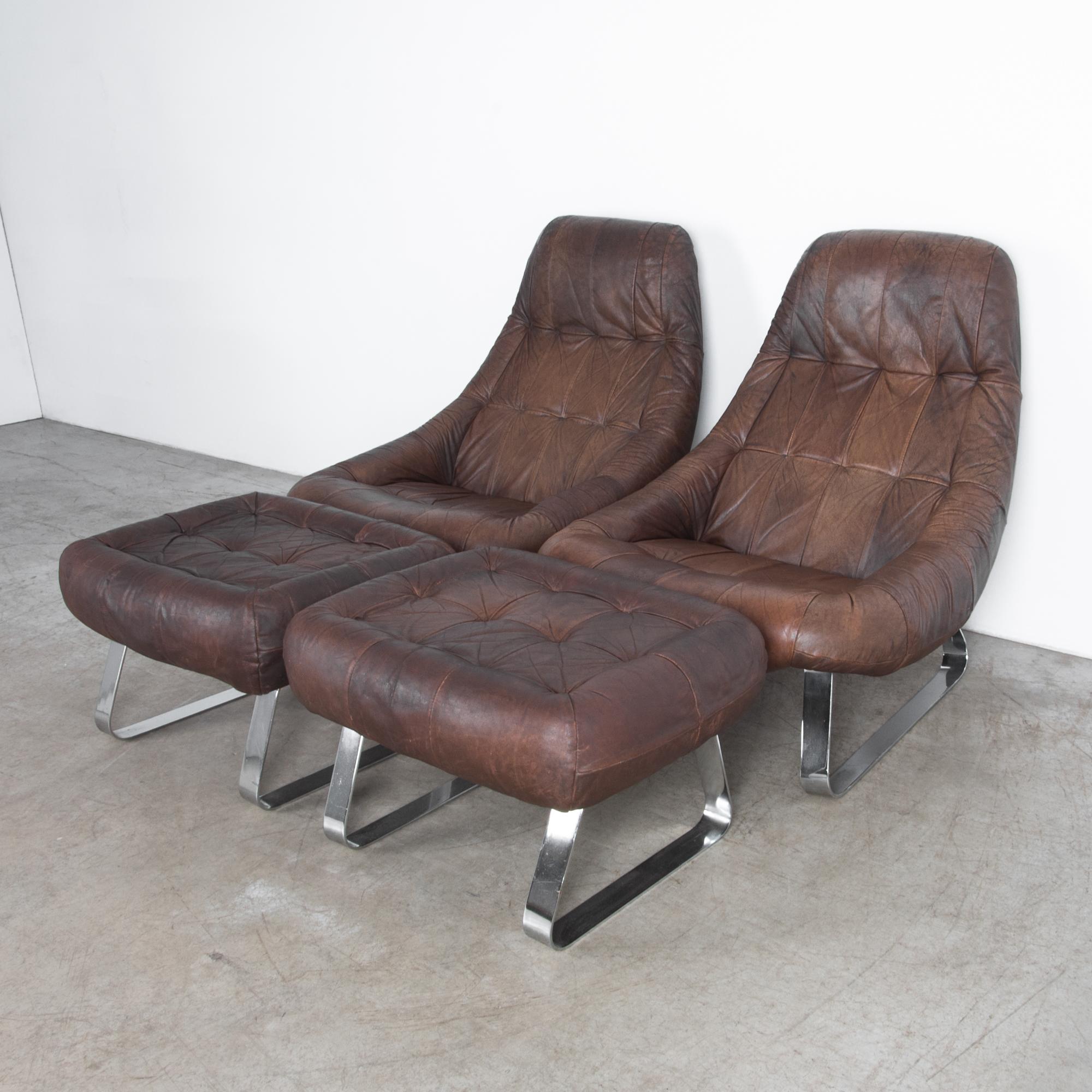 Percival Lafer Dark Brown Chrome Leather Earth Chair with Ottoman, a Pair 4