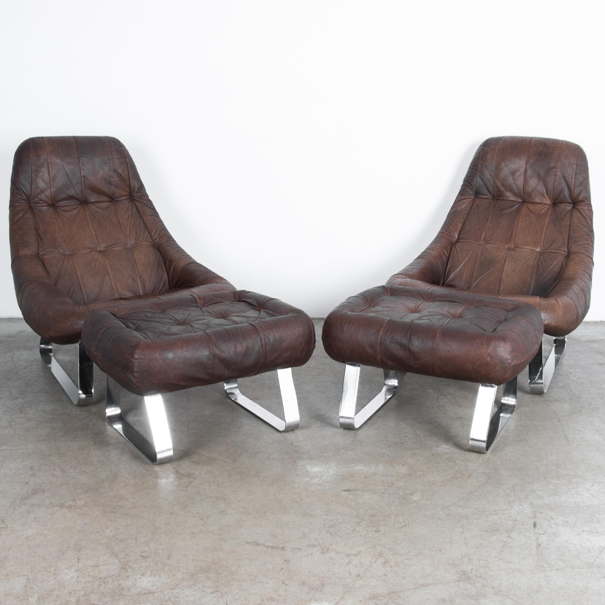 Percival Lafer Dark Brown Chrome Leather Earth Chair with Ottoman, a Pair 5
