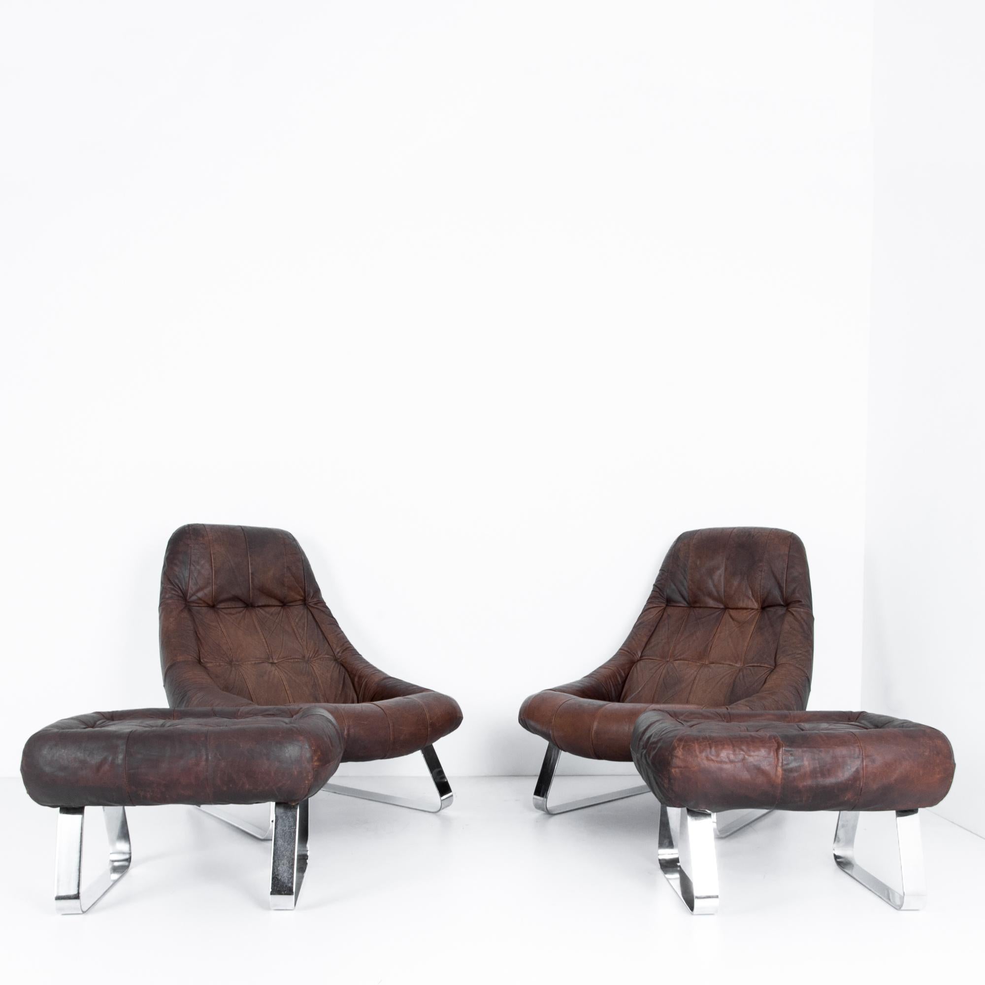 Mid-Century Modern Percival Lafer Dark Brown Chrome Leather Earth Chair with Ottoman, a Pair