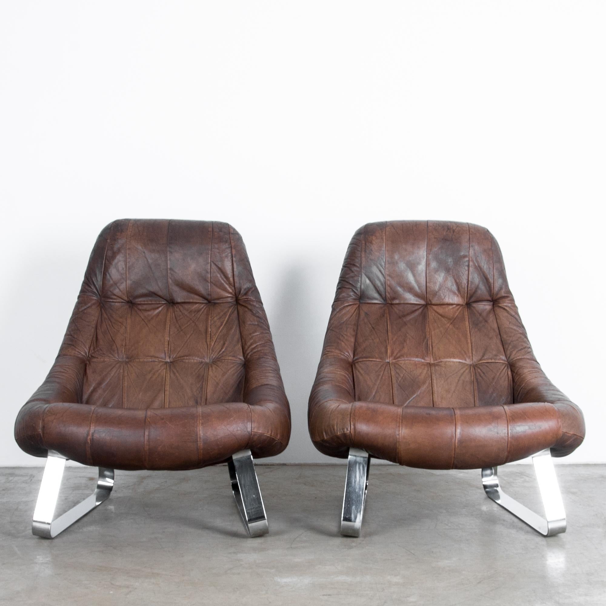 Brazilian Percival Lafer Dark Brown Chrome Leather Earth Chair with Ottoman, a Pair