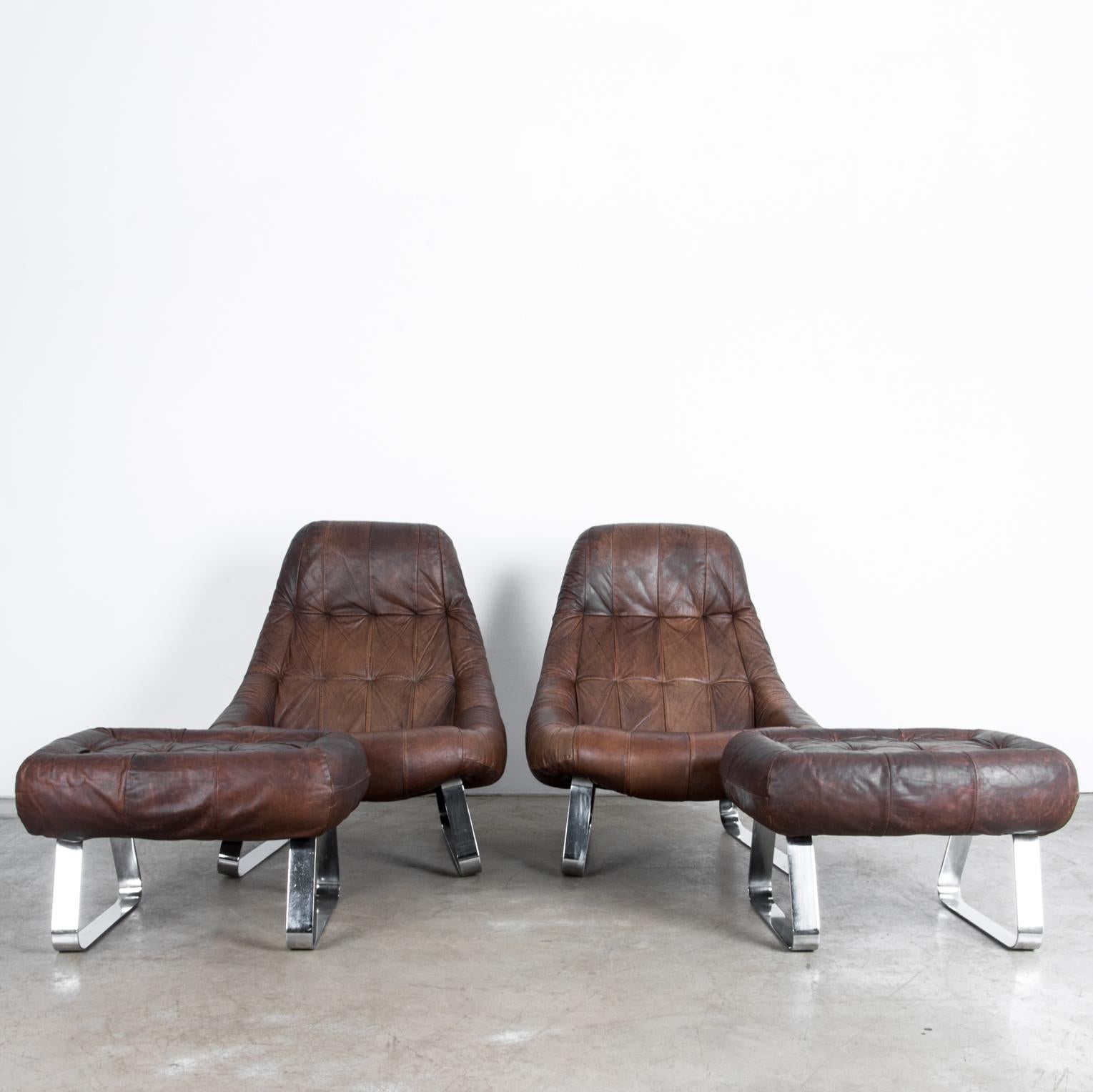Late 20th Century Percival Lafer Dark Brown Chrome Leather Earth Chair with Ottoman, a Pair