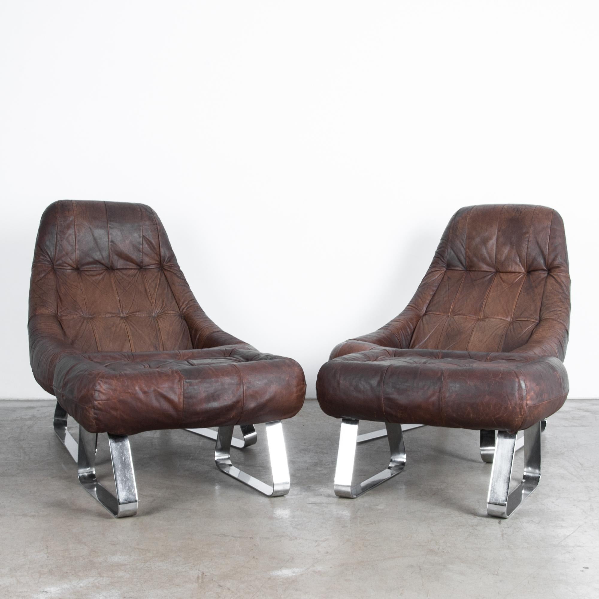Percival Lafer Dark Brown Chrome Leather Earth Chair with Ottoman, a Pair 1