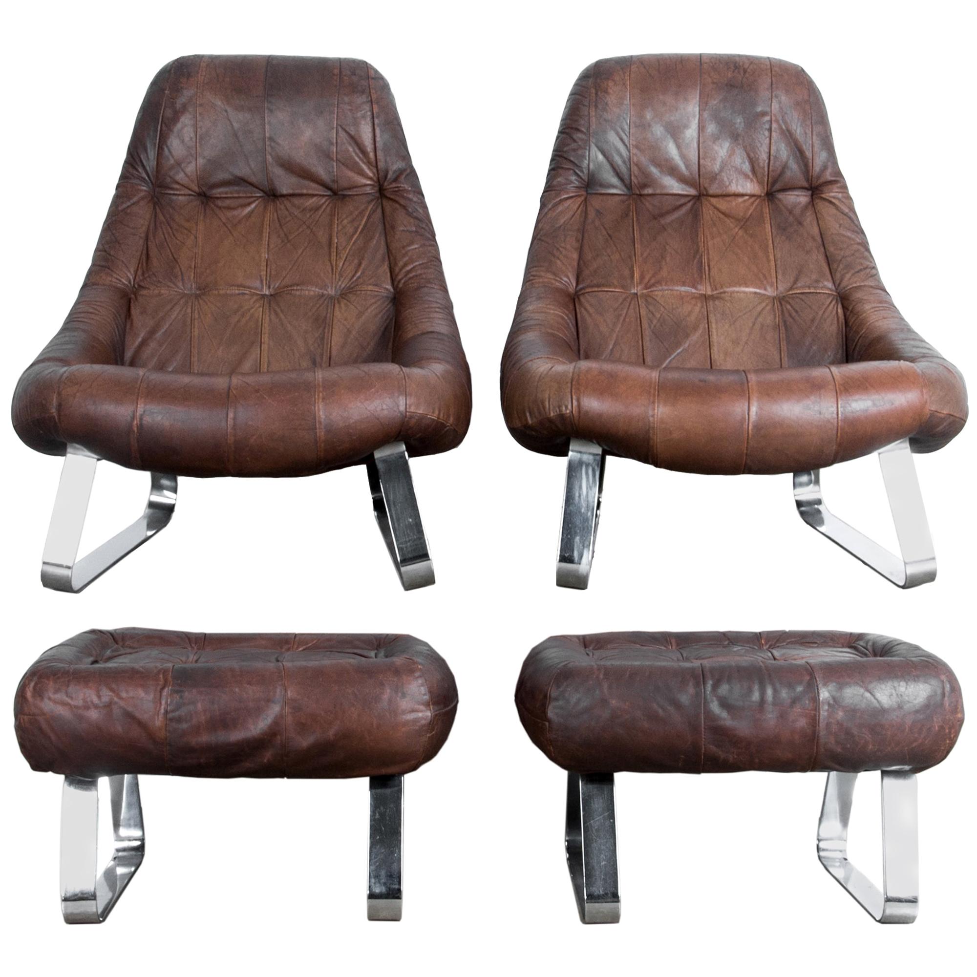 Percival Lafer Dark Brown Chrome Leather Earth Chair with Ottoman, a Pair
