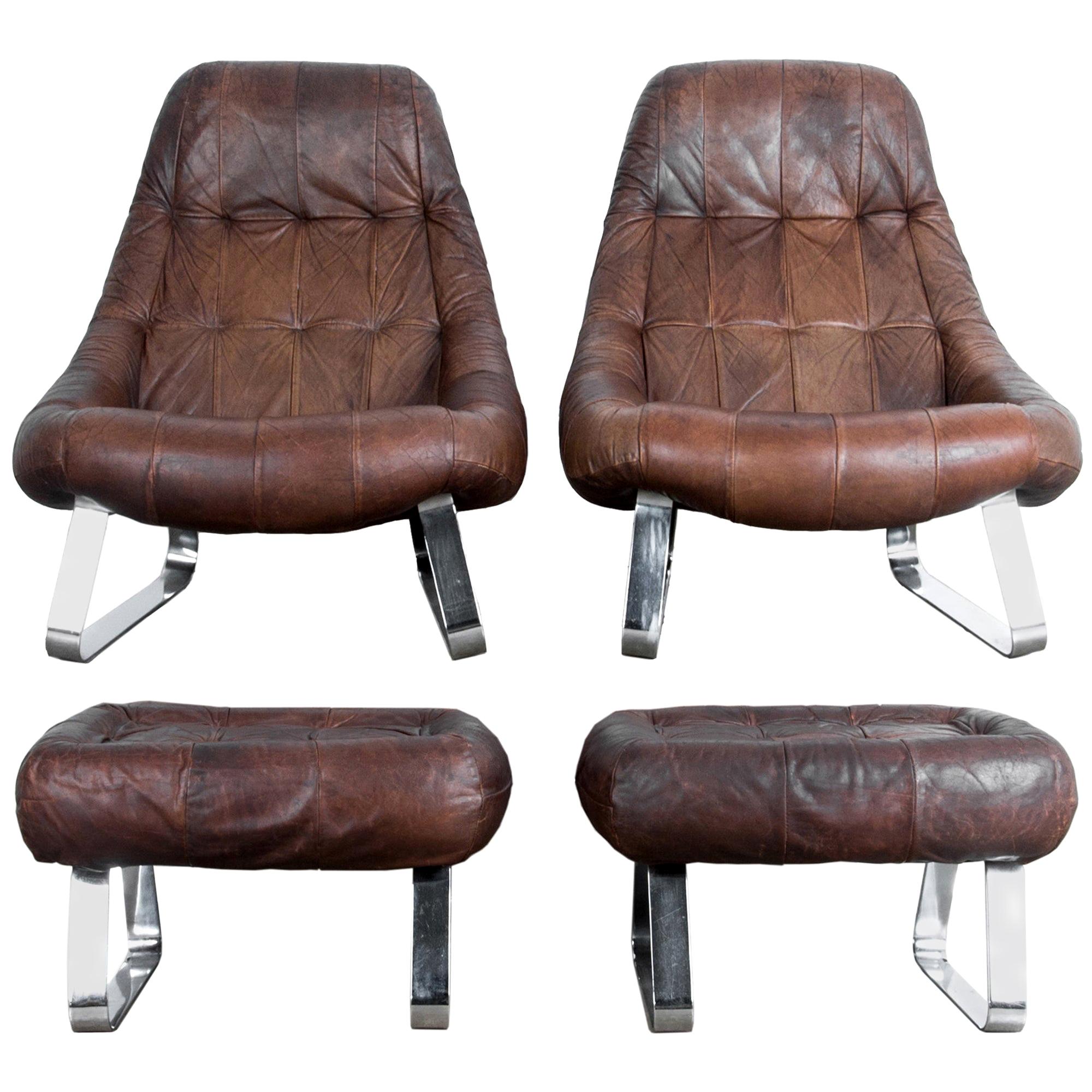 Percival Lafer Dark Brown Chrome Leather "Earth" Chair with Ottoman