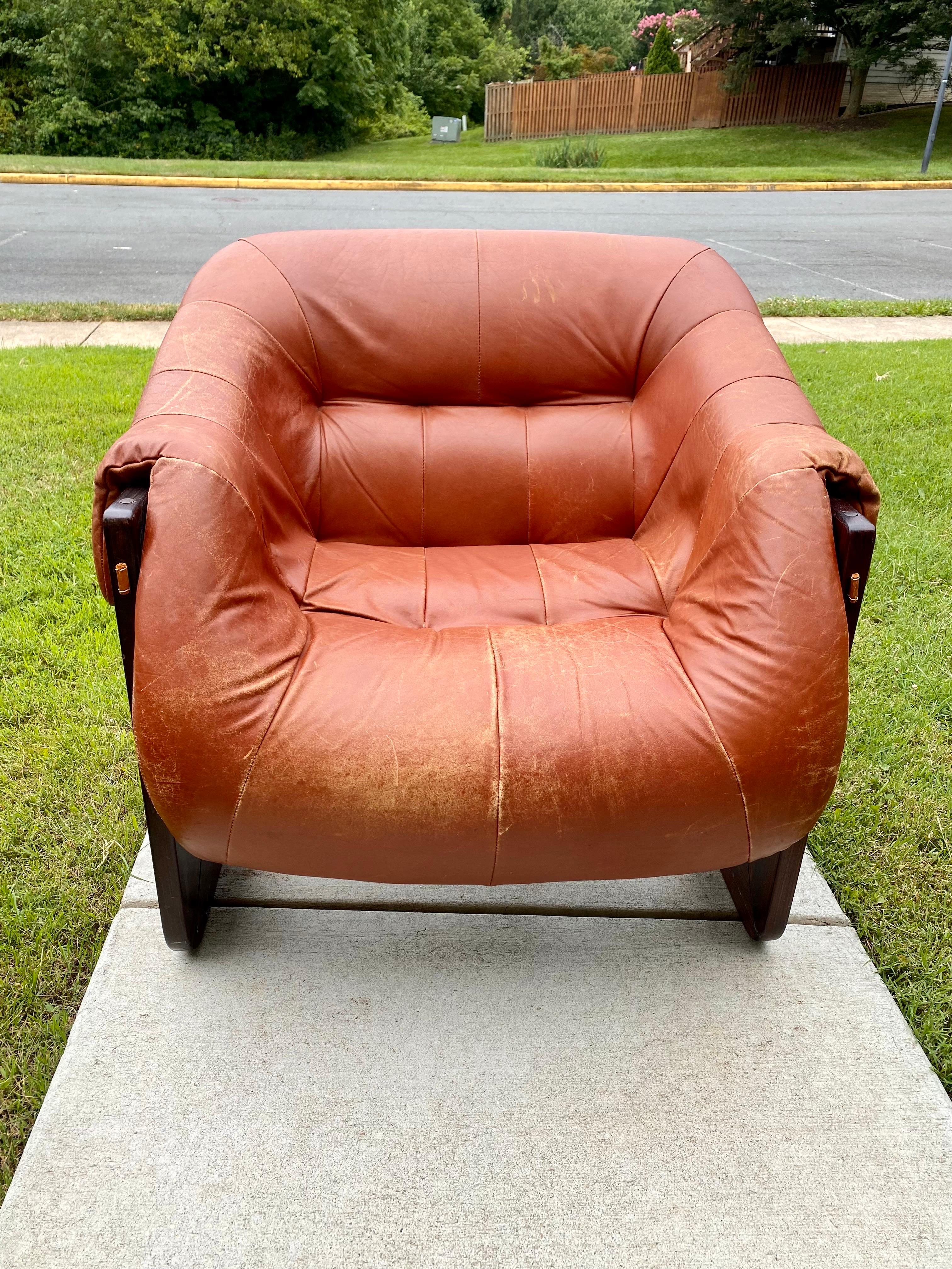 Mid-Century Modern Percival Lafer Distressed Leather & Rosewood Lounge Chair