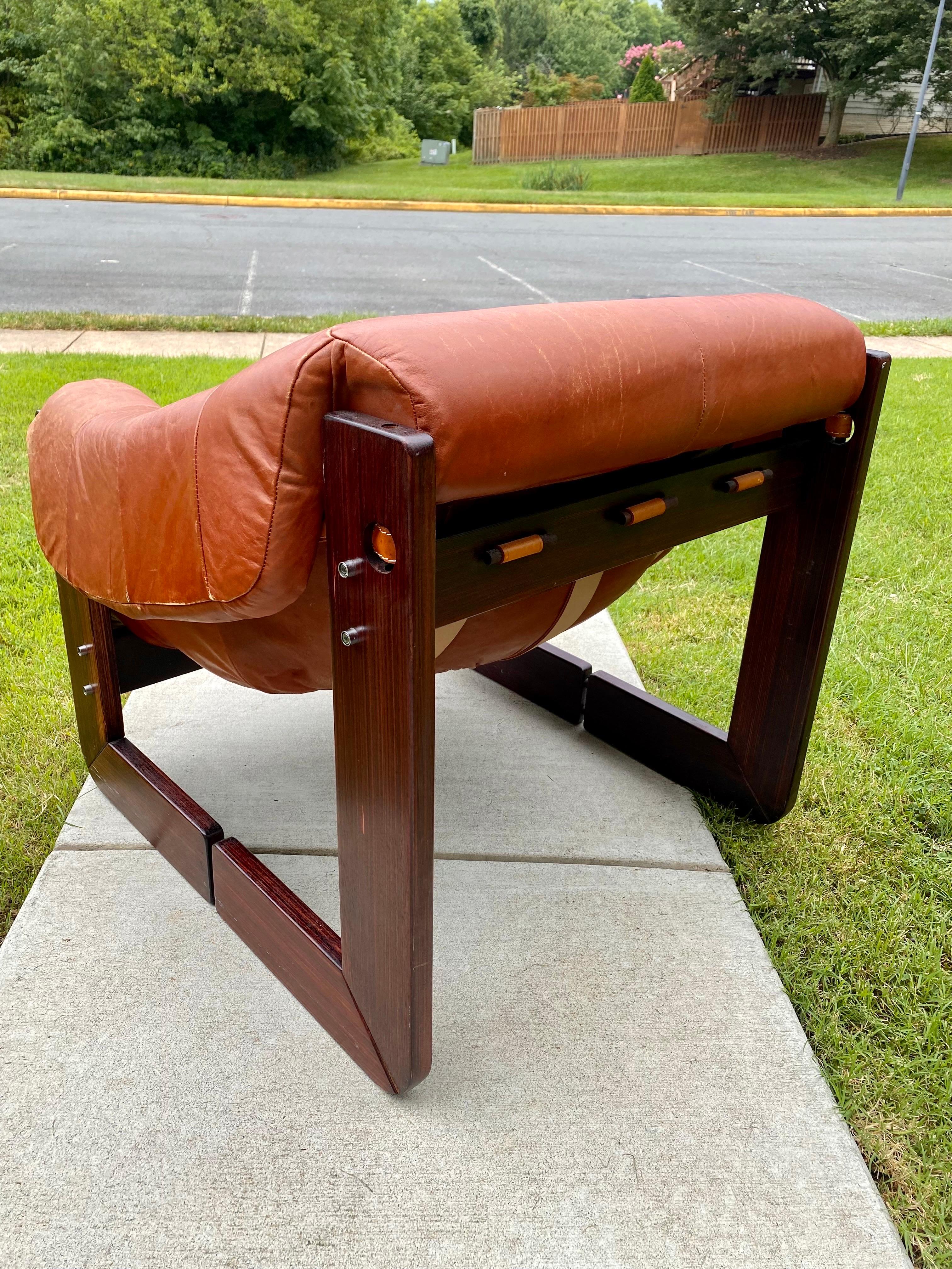 20th Century Percival Lafer Distressed Leather & Rosewood Lounge Chair