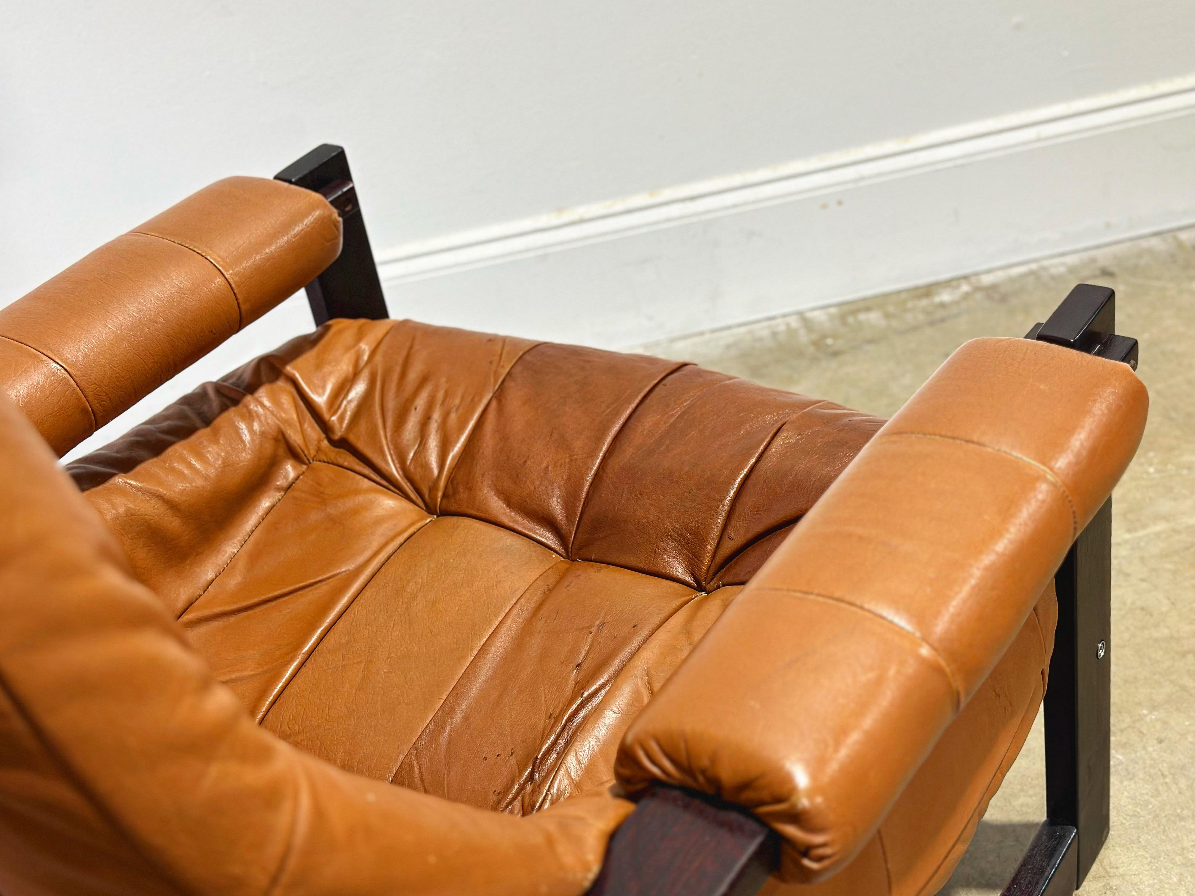 Brazilian Percival Lafer Earth Chair, Cognac Leather + Jacaranda Wood Midcentury Lounge