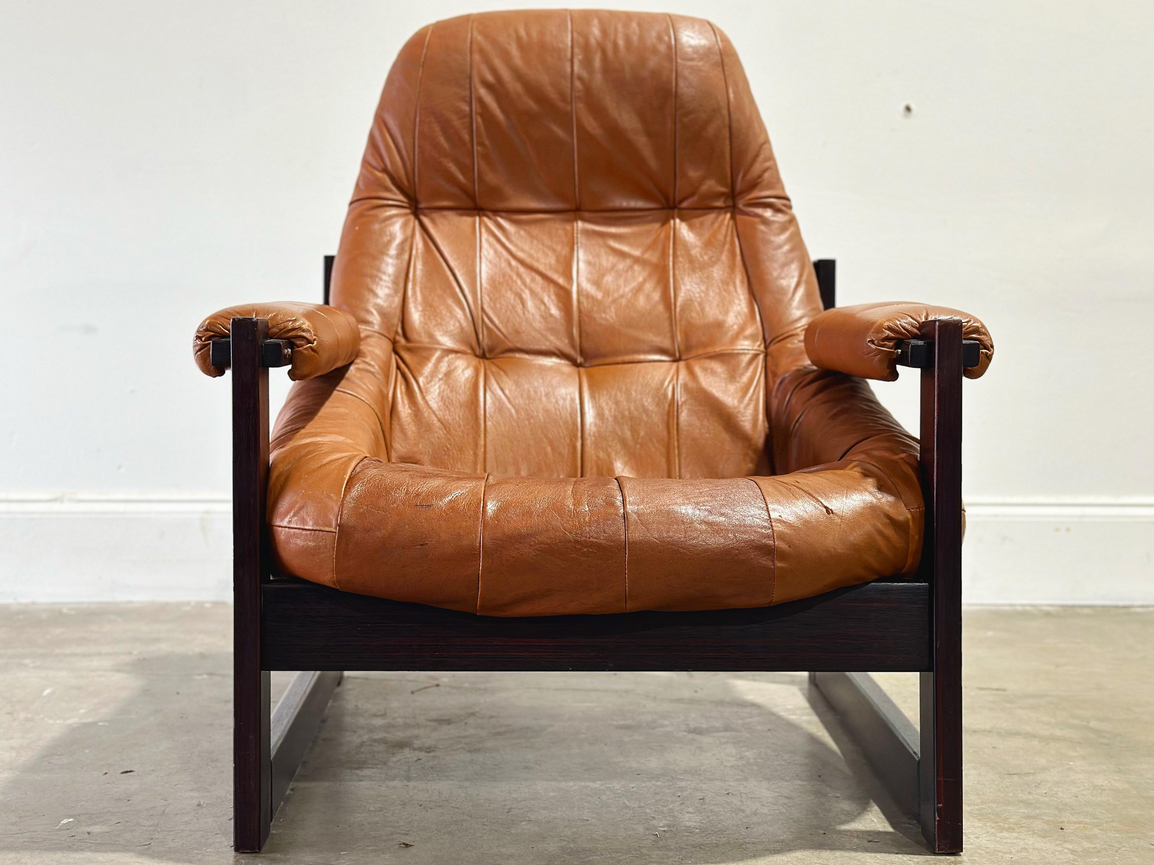 Percival Lafer Earth Chair, Cognac Leather + Jacaranda Wood Midcentury Lounge In Good Condition In Decatur, GA