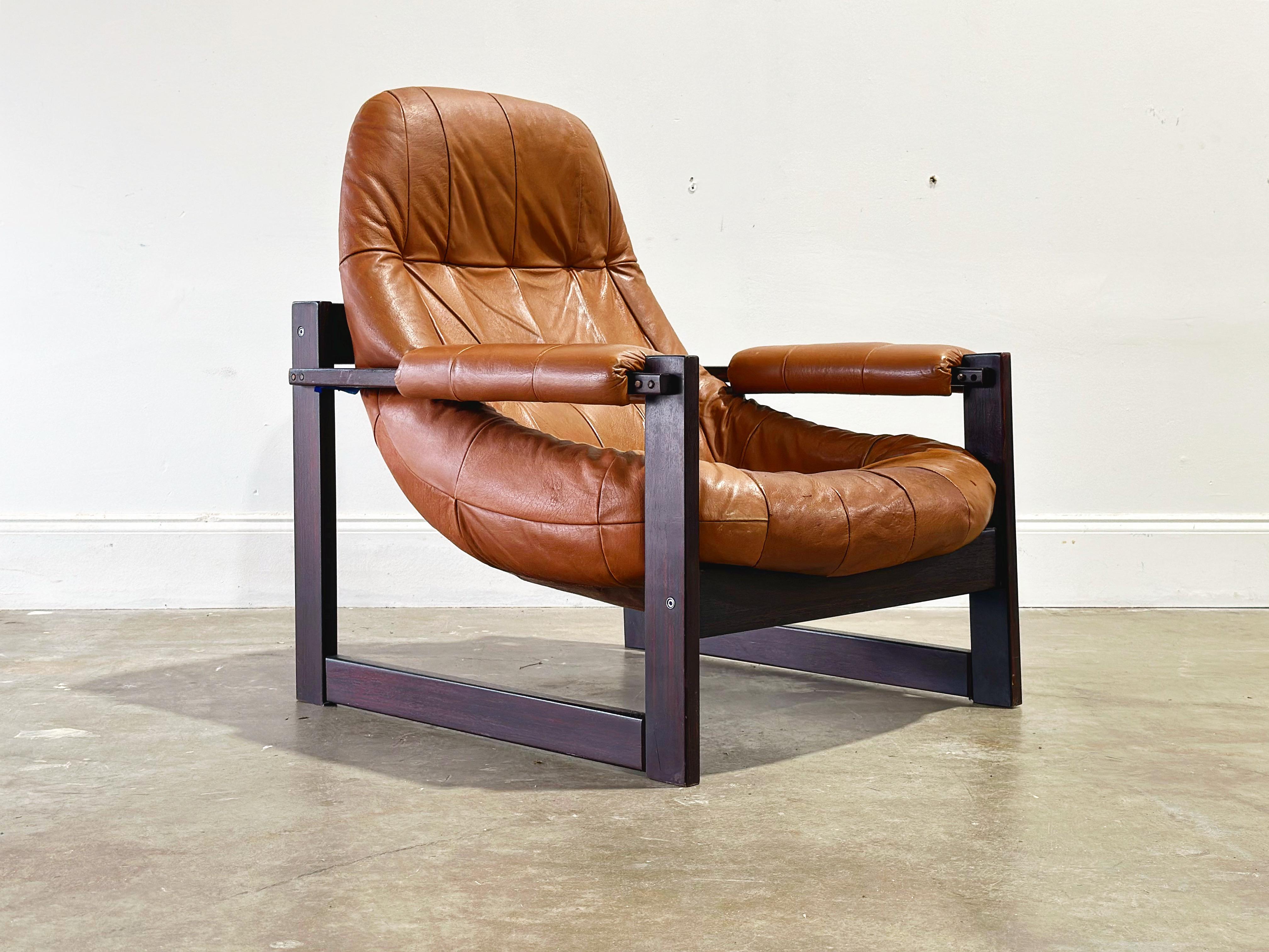 Late 20th Century Percival Lafer Earth Chair, Cognac Leather + Jacaranda Wood Midcentury Lounge