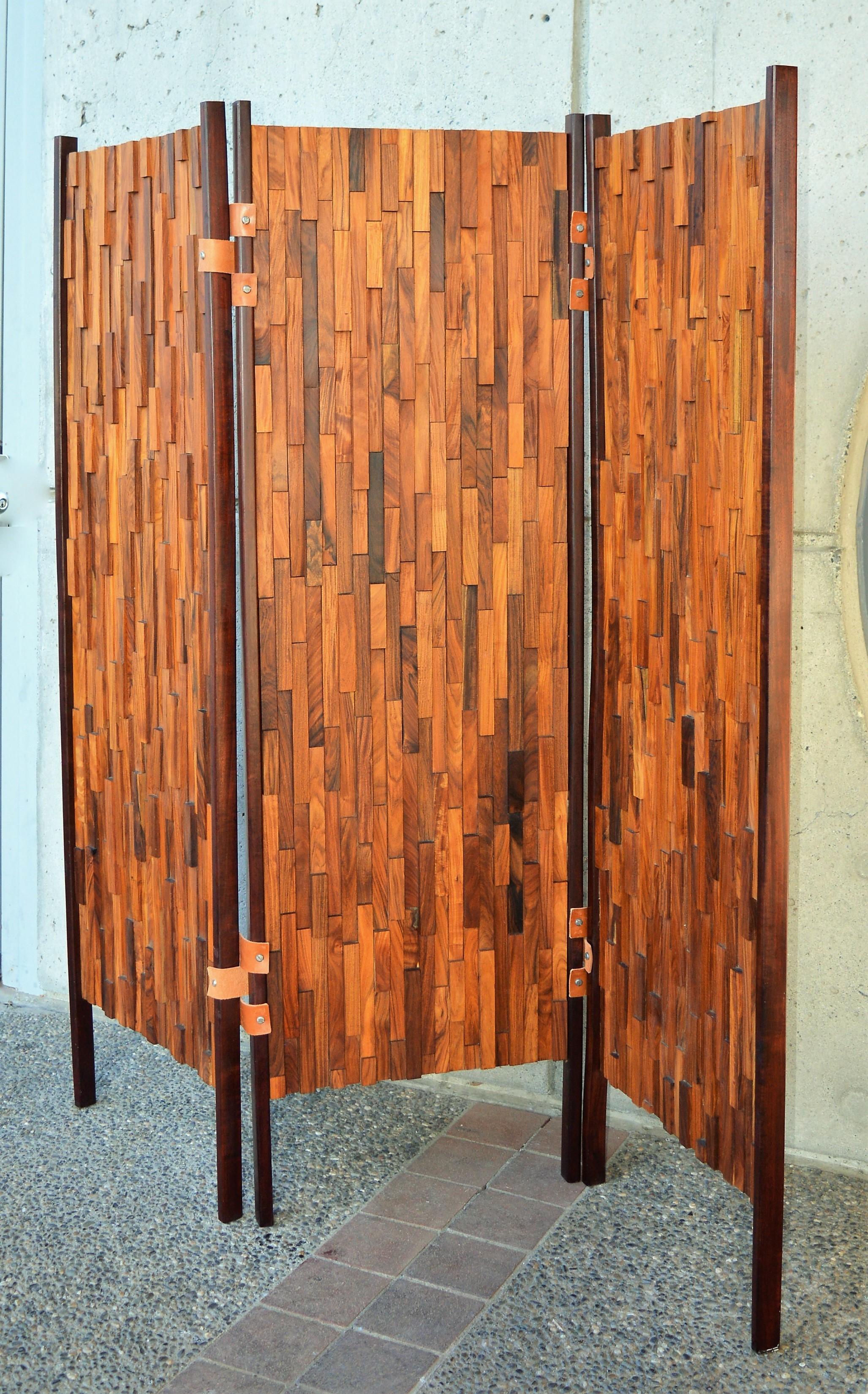 Mid-Century Modern Percival Lafer Exotic Hardwood Mosaic 3-Panel Screen / Room Divider For Sale