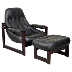 Percival Lafer Leather Lounge Chair and Ottoman with Brazilian Rosewood