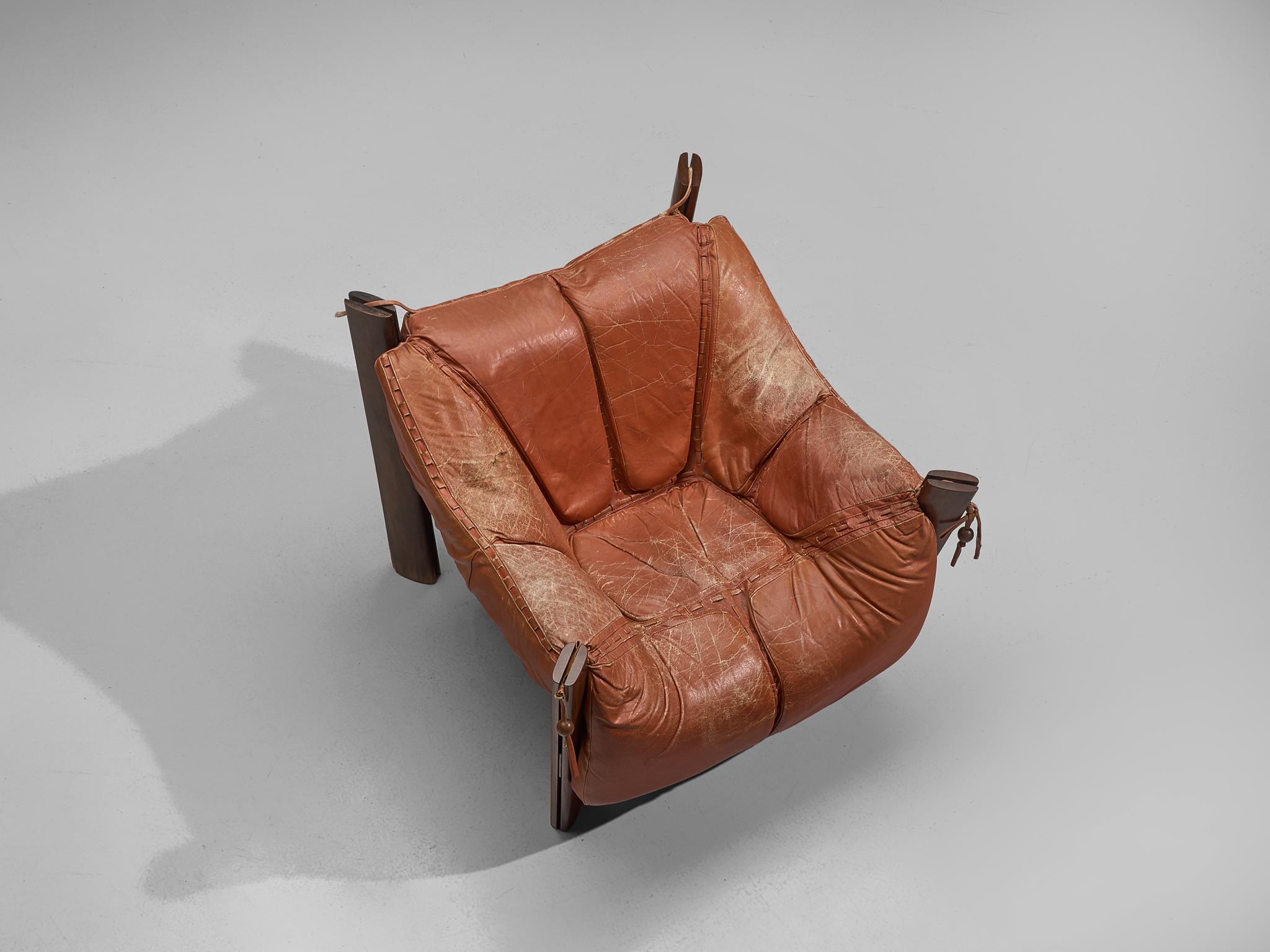 Brazilian Percival Lafer Lounge Chair with Ottoman and Terracotta Leather