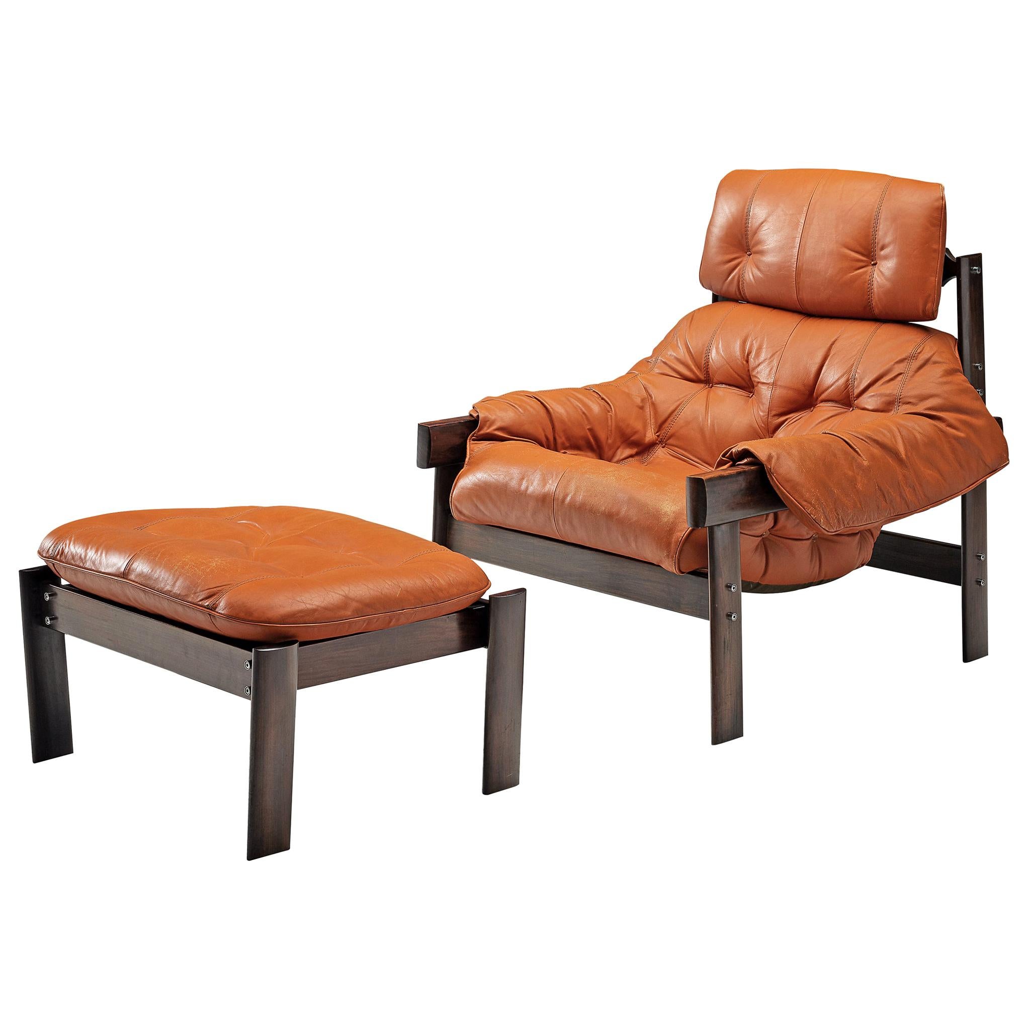 Percival Lafer Lounge Chair with Ottoman in Dark Stained Wood and Leather