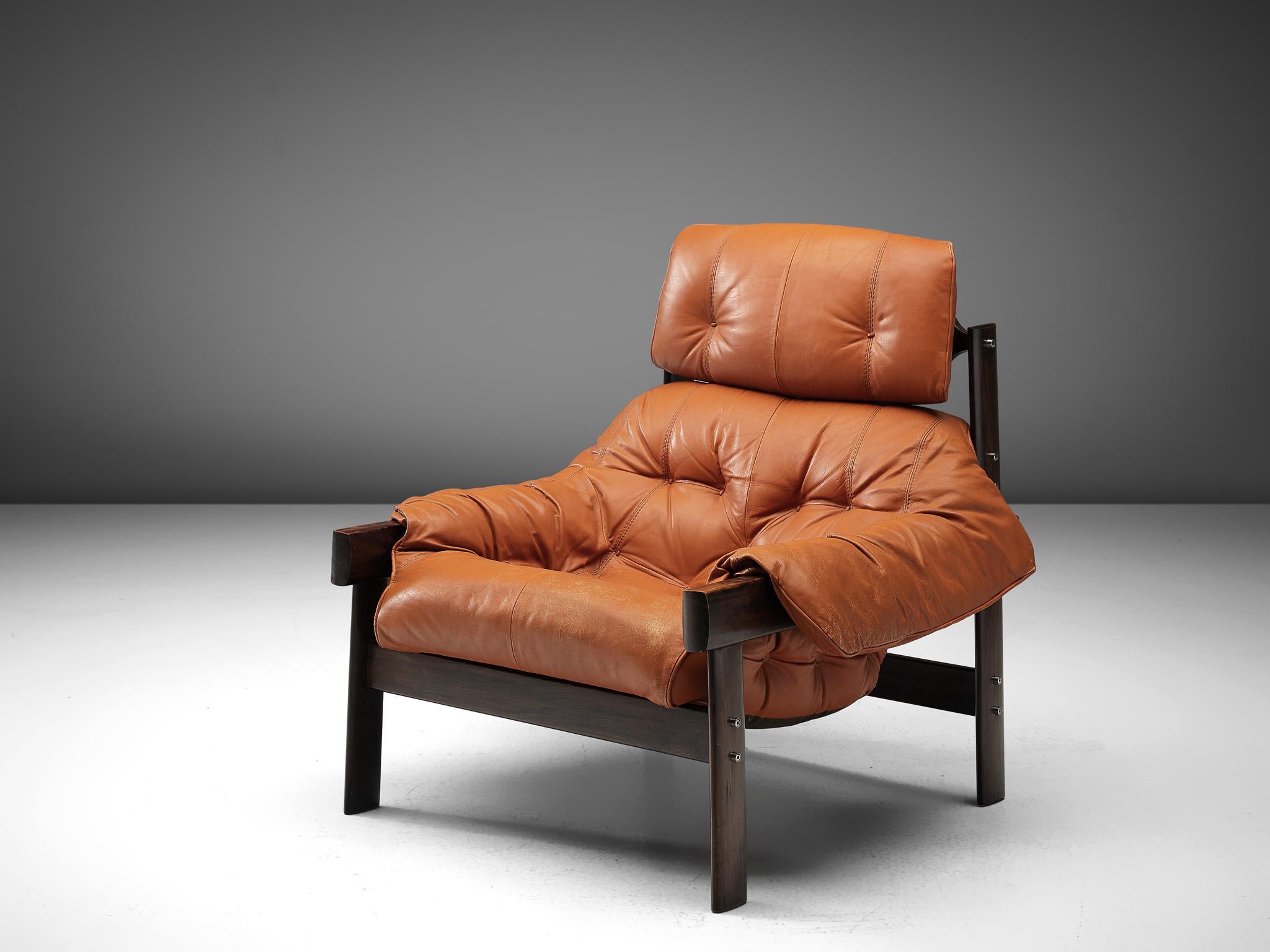 Brazilian Percival Lafer Lounge Chair with Ottoman in Dark Stained Wood and Leather