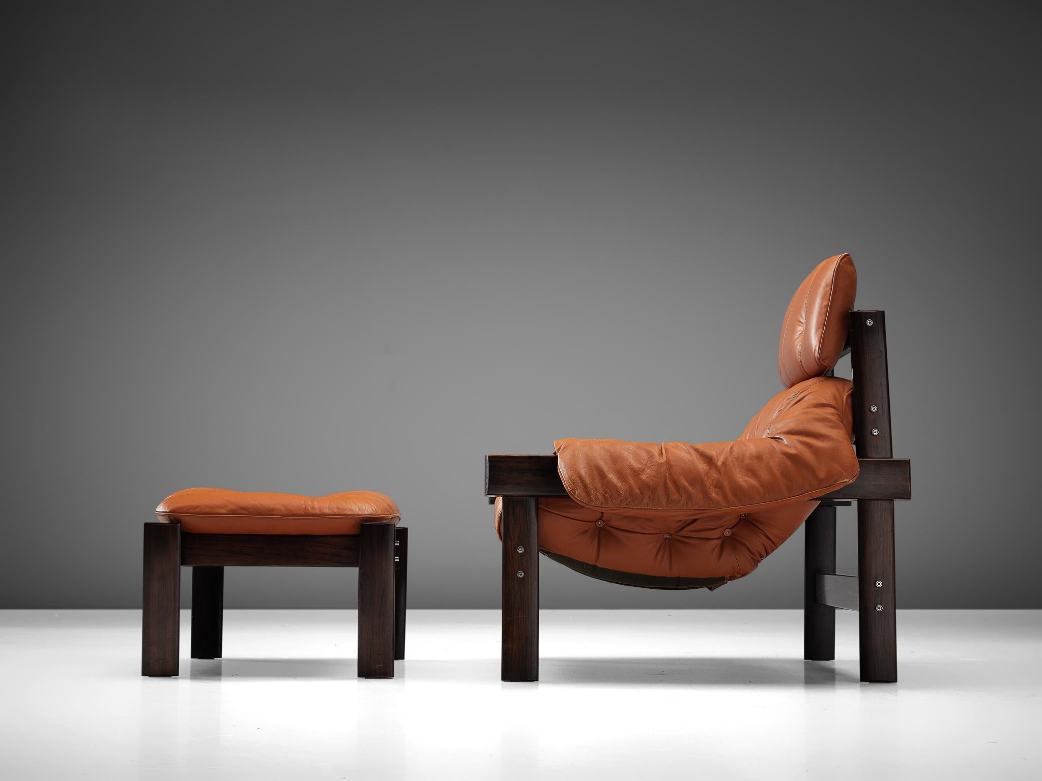 Percival Lafer Lounge Chair with Ottoman in Dark Stained Wood and Leather In Good Condition In Waalwijk, NL