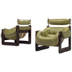 Percival Lafer Lounge Chairs in Green Leather and Rosewood
