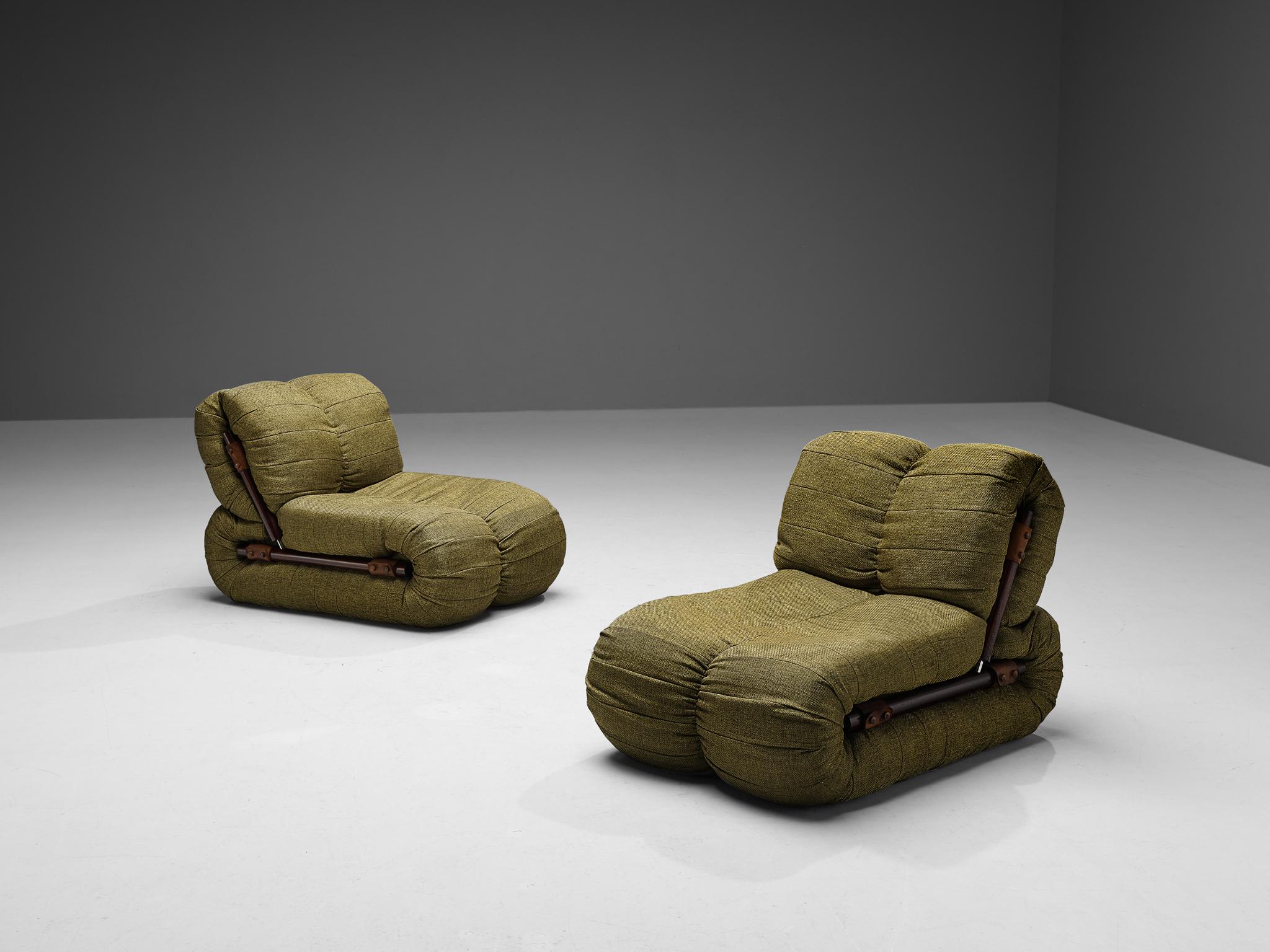 Percival Lafer, lounge chairs, fabric, wood, leather, 

Two L-shaped forms are attached together what characterizes their voluminous and playful appearance. The short side builds the backrest and is slightly tilted. All artistic aspects