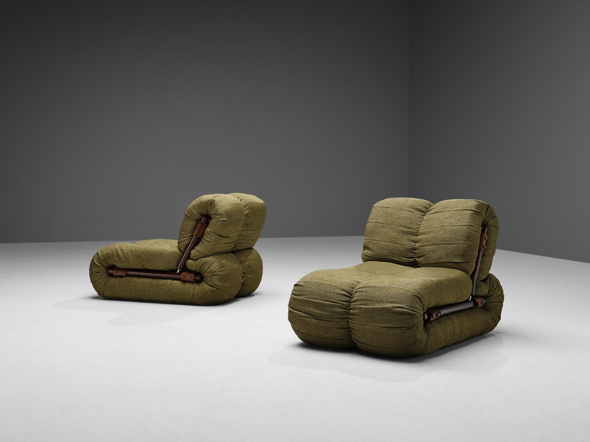 Brazilian Percival Lafer Lounge Chairs in Khaki Green Upholstery