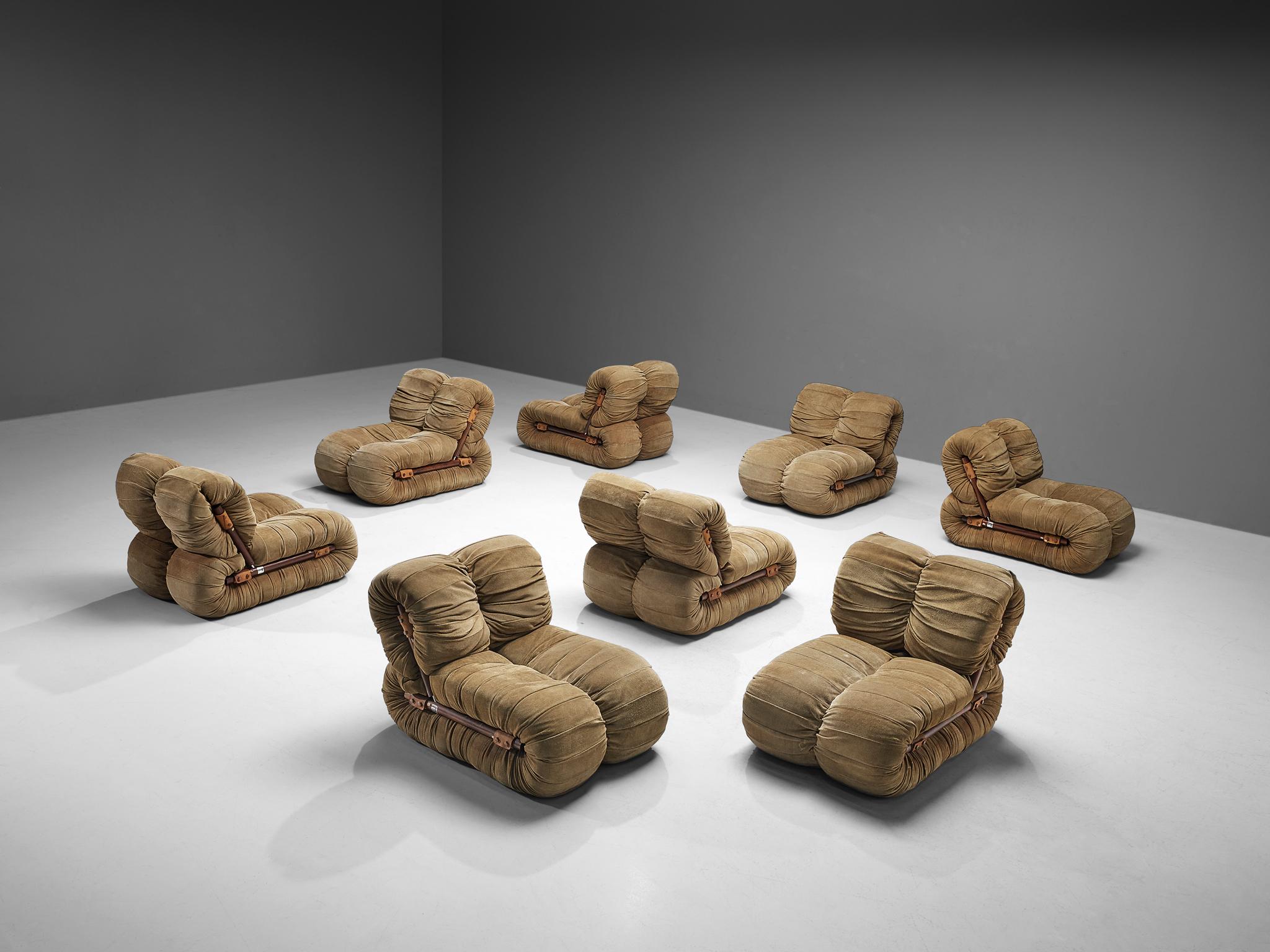 Percival Lafer, lounge chairs, fabric, wood, nubuck leather, Brazil, 1960s
A phenomenal set of eight lounge chairs by designer Percival Lafer. Two L-shaped forms are attached together what characterizes their voluminous and playful appearance. The