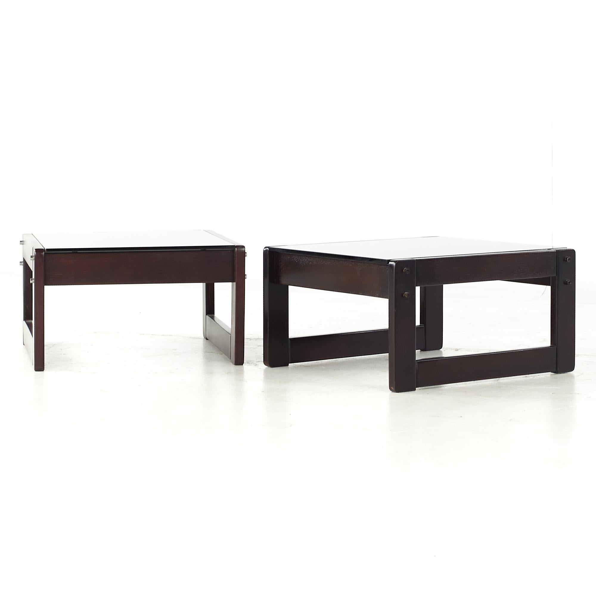 Mid-Century Modern Percival Lafer MCM Brazilian Rosewood and Smoked Glass Side End Table - Pair For Sale
