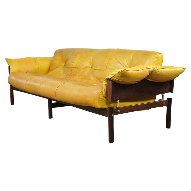 Percival Lafer MP013 Sofa in Mustard Yellow Leather and Rosewood