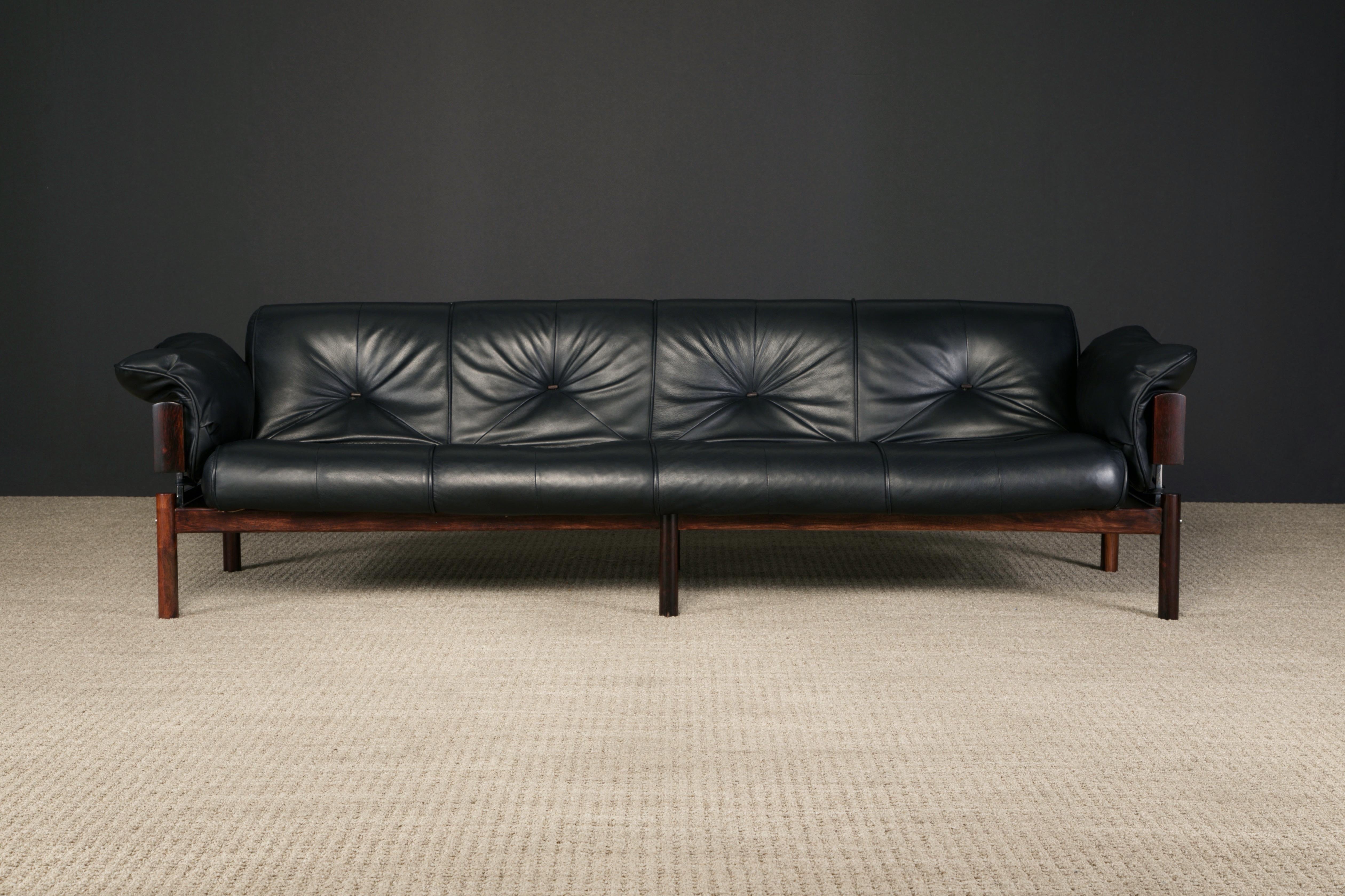 This gorgeous MP-13 four-seat sofa by Brazilian designer Percival Lafer for Lafer MP was designed in 1967, this example an early production made for Brazil and recently imported to the US. Featuring a gorgeous Brazilian Rosewood frame with vivid