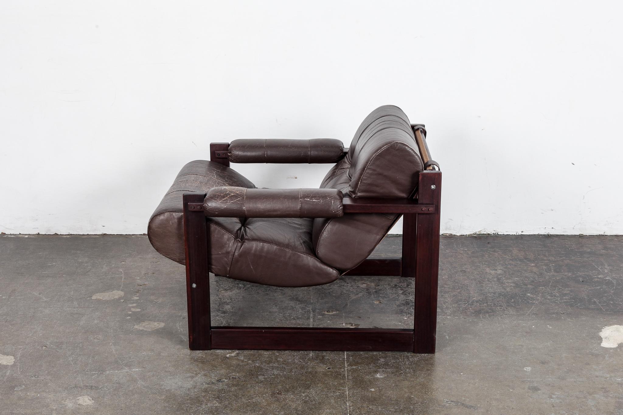 Brazilian Percival Lafer MP-167 Brown Leather Lounge Chair, Jatoba Wood, Brazil, Lafer MP