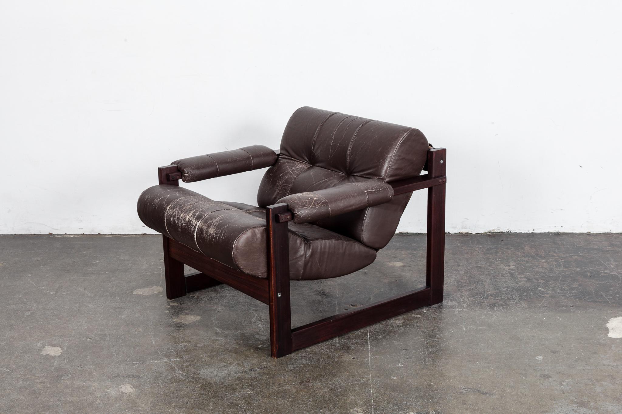 Percival Lafer MP-167 Brown Leather Lounge Chair, Jatoba Wood, Brazil, Lafer MP In Good Condition In North Hollywood, CA