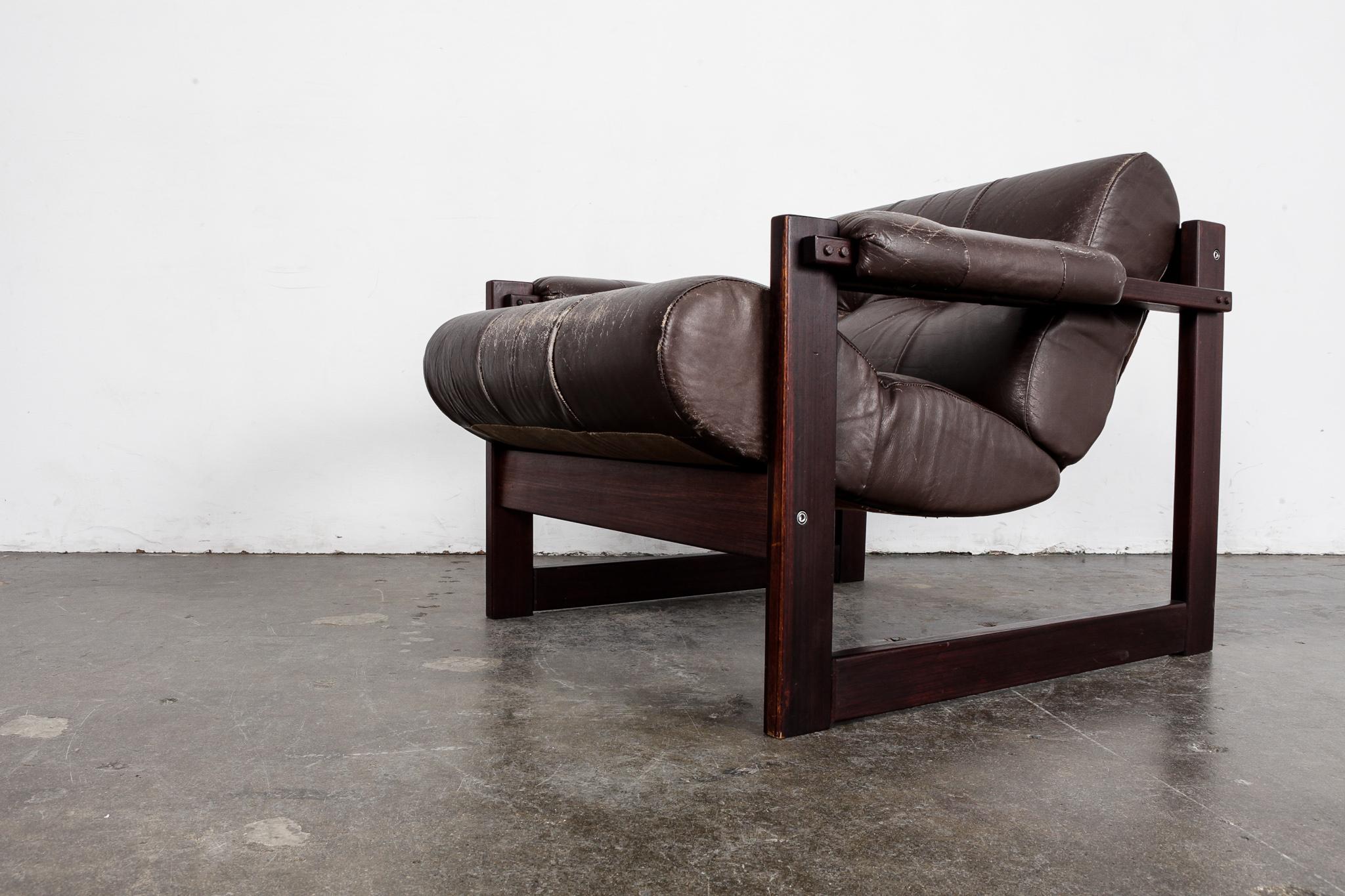 Mid-20th Century Percival Lafer MP-167 Brown Leather Lounge Chair, Jatoba Wood, Brazil, Lafer MP