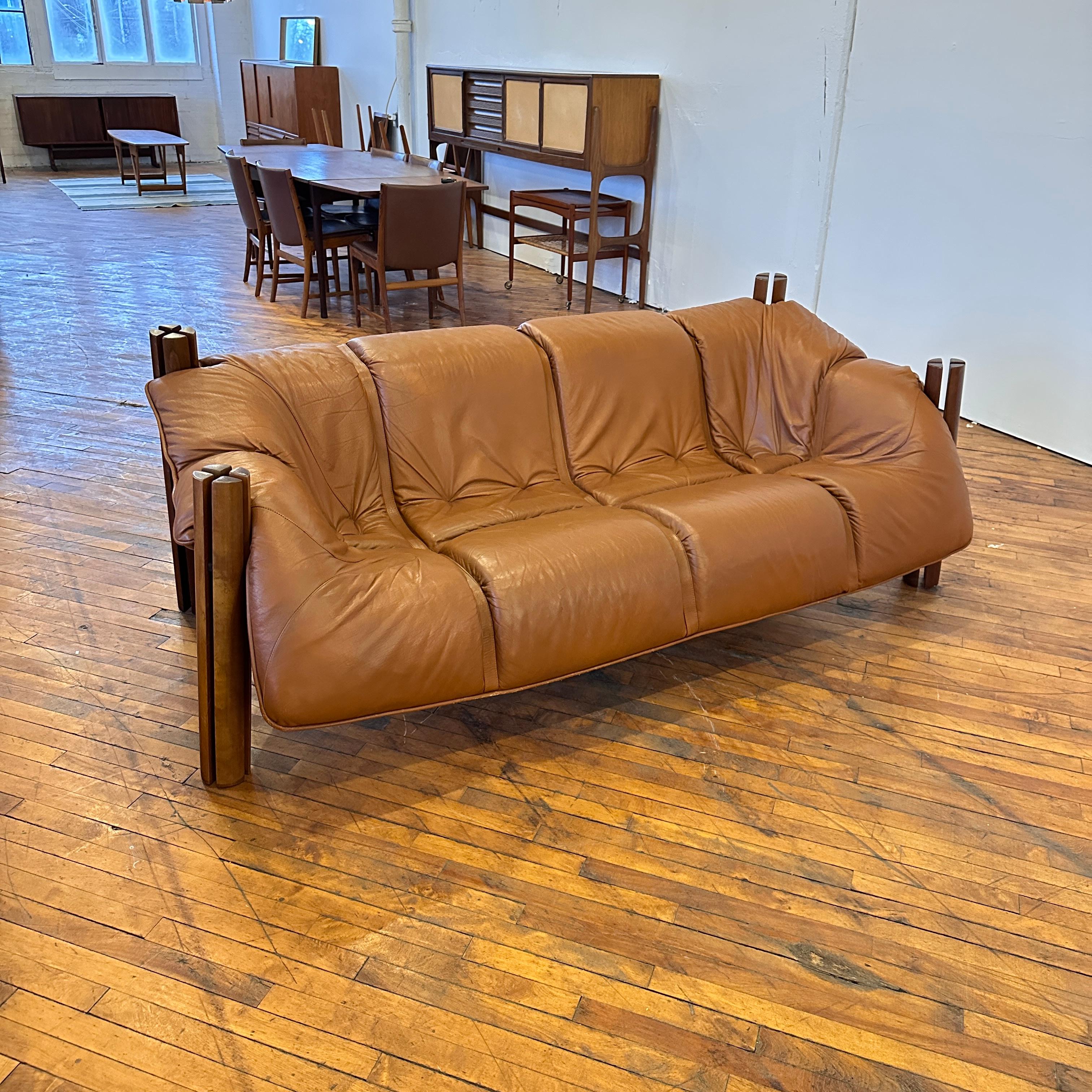 Brazilian Percival Lafer MP-211 Three Seater Cognac Leather Sofa