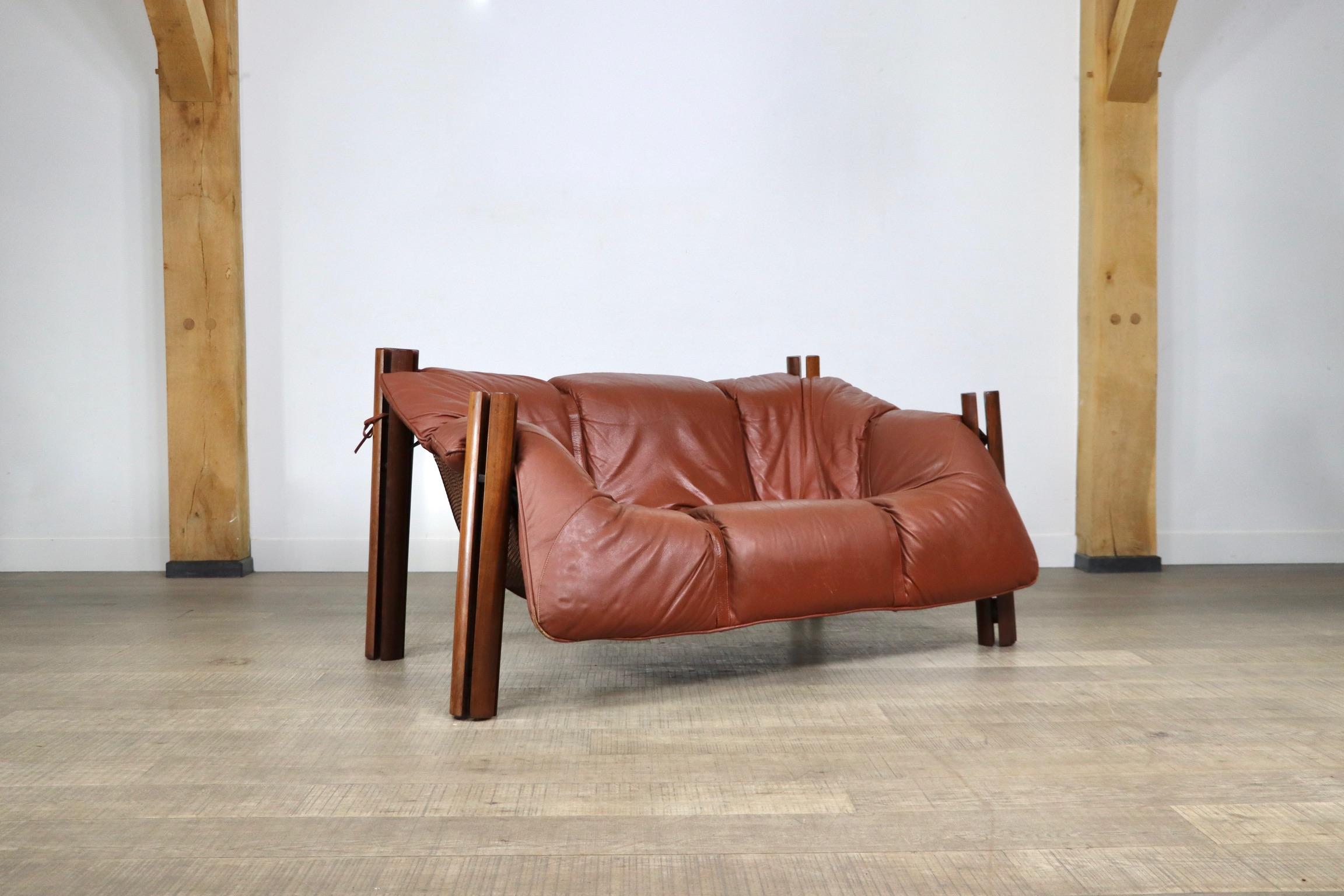 Metal Percival Lafer MP-211 Two Seater Sofa in Cognac Leather, Brasil 1960s