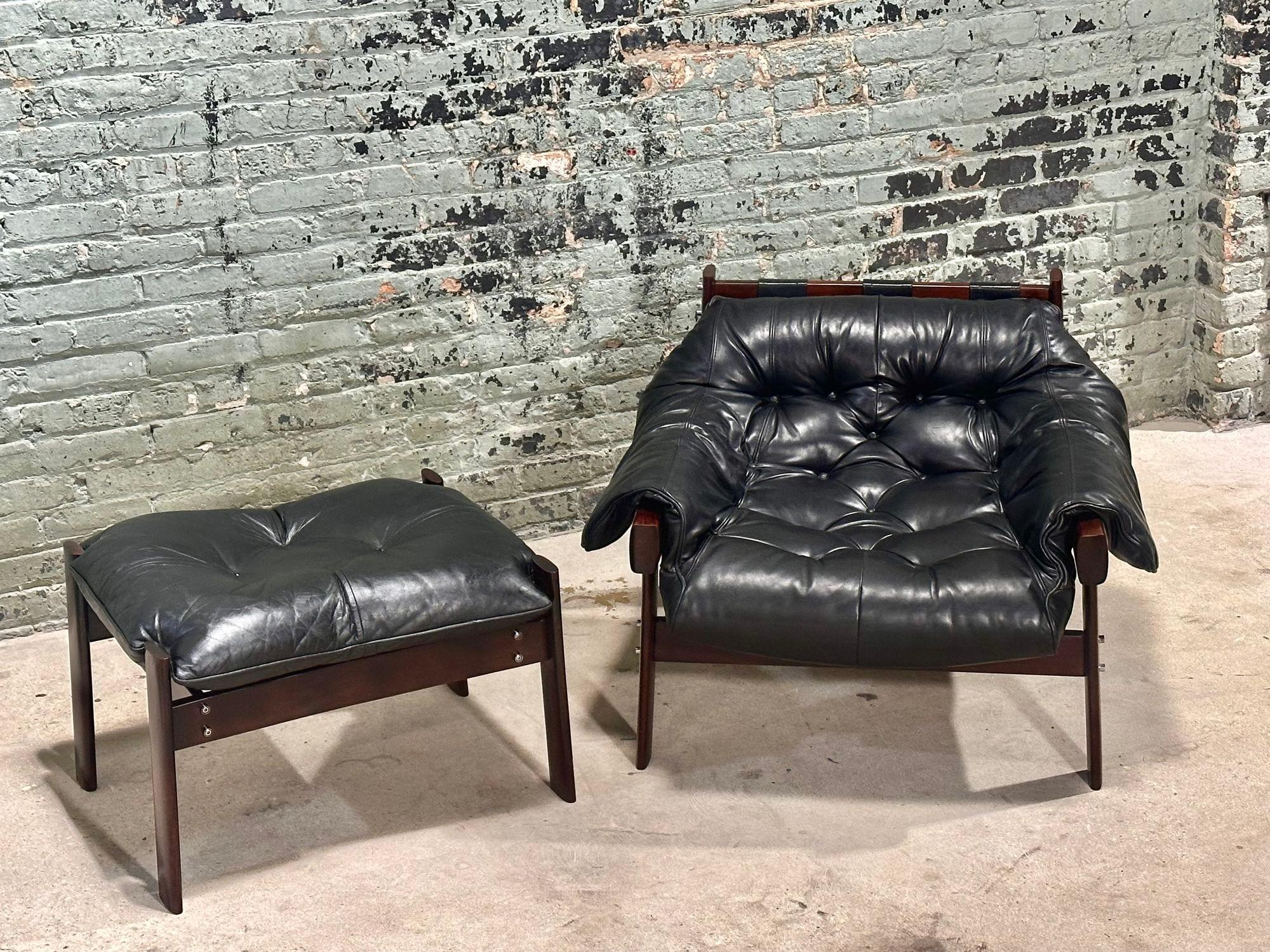 Percival Lafer MP-41 Brazilian Jacaranda Tufted Leather Lounge Chair & Ottoman, 1960. Beautiful origin tufted leather.Measures 37