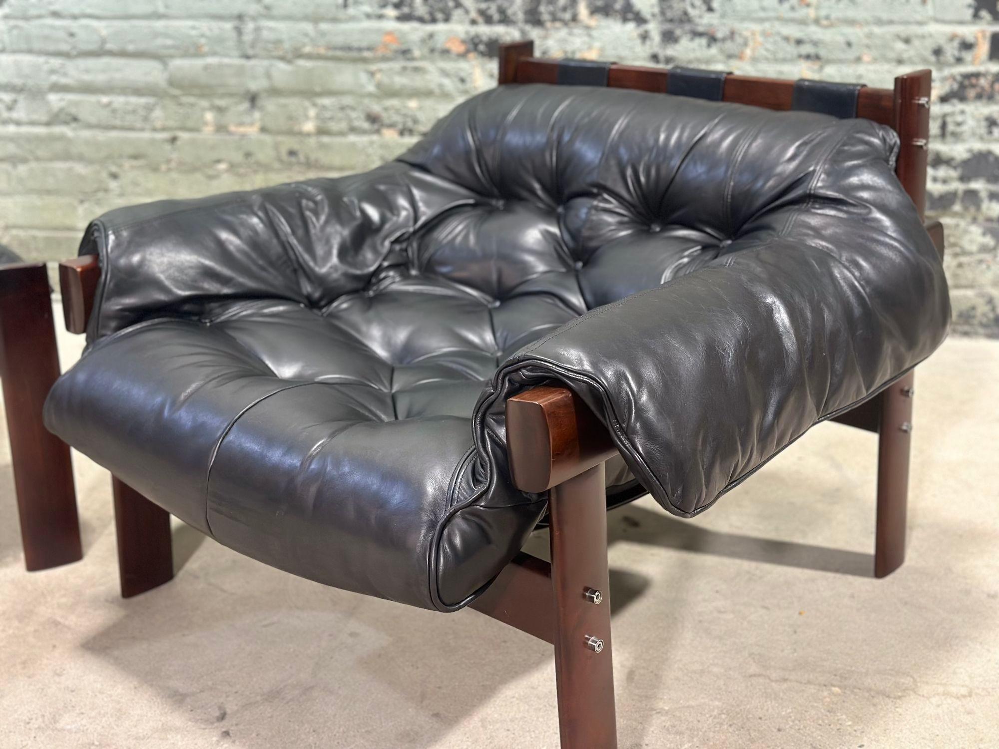 Brazilian Percival Lafer MP-41 Jacaranda Tufted Leather Lounge Chair & Ottoman, 1960