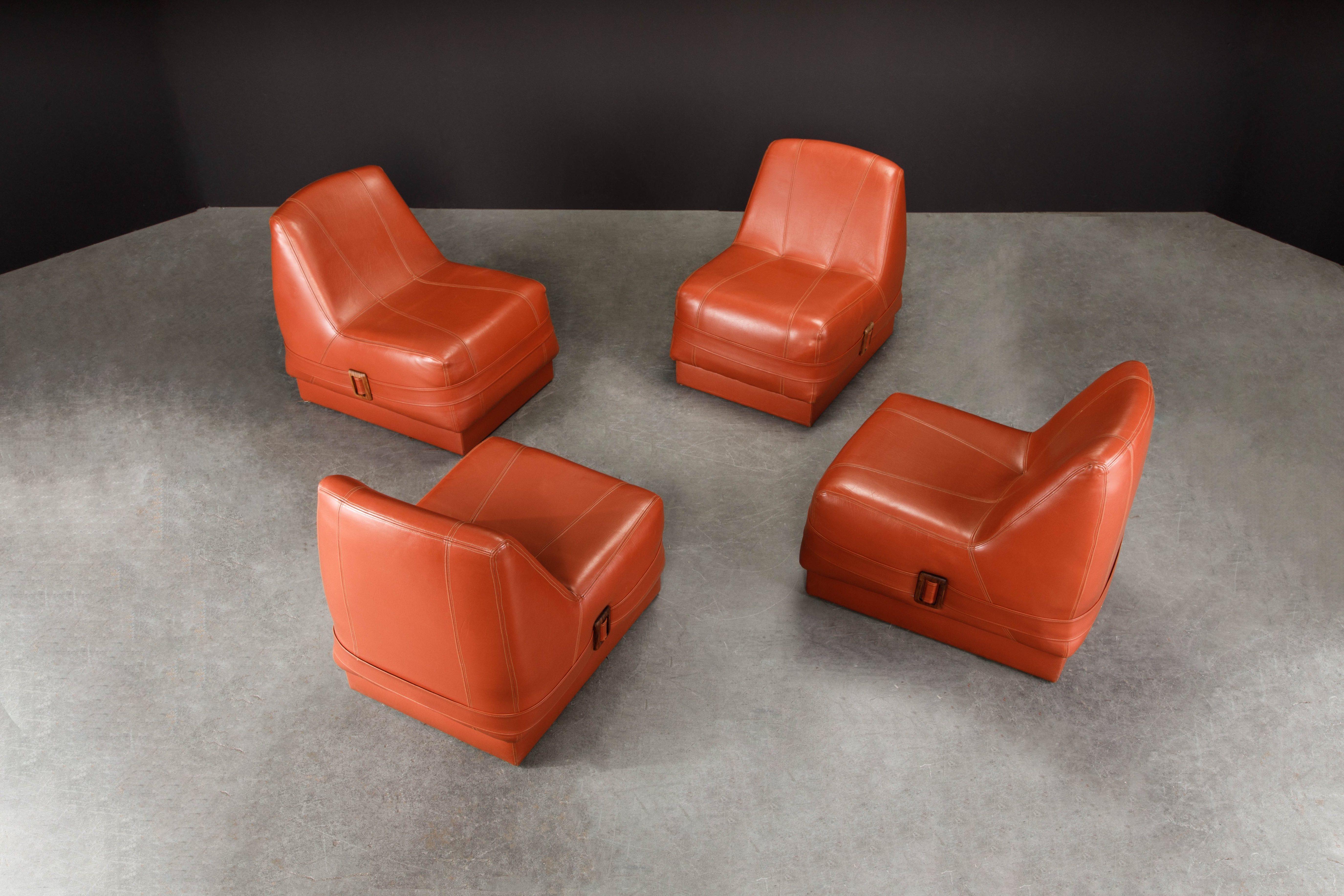 These very rare and documented set of Percival Lafer 'MP-75' lounge chairs, designed and produced in the 1970s. This rare set of four (4) lounge chairs which feature Brazilian Rosewood (Jacaranda) buckles were acquired by us in a home in Rio de