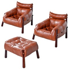 Percival Lafer MP-81 Brasilianisches Palisanderholz & Leder Lounge Stühle und Ottoman Set