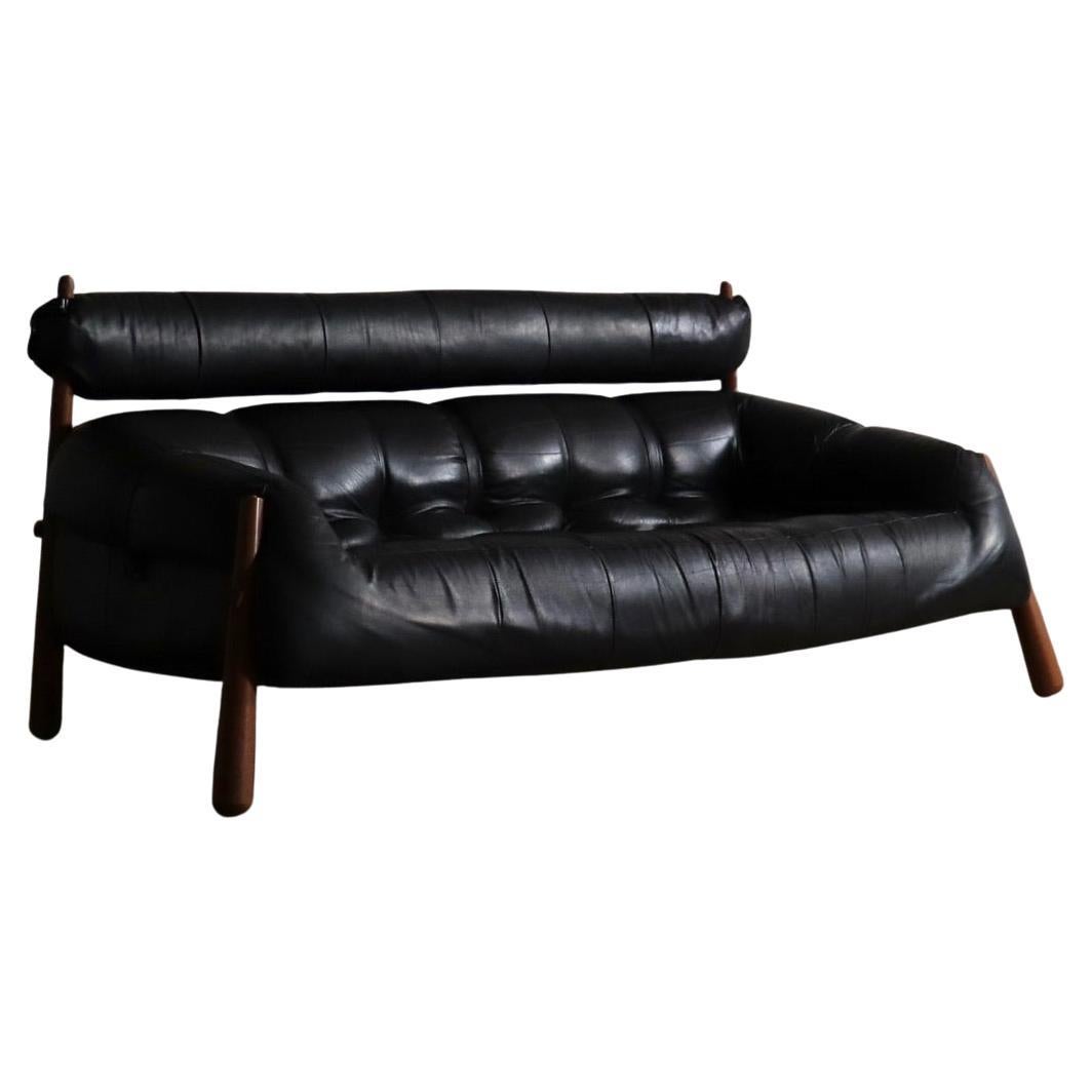 Percival Lafer MP-81 Three Seater Sofa In Black Leather, Brazil 1970s