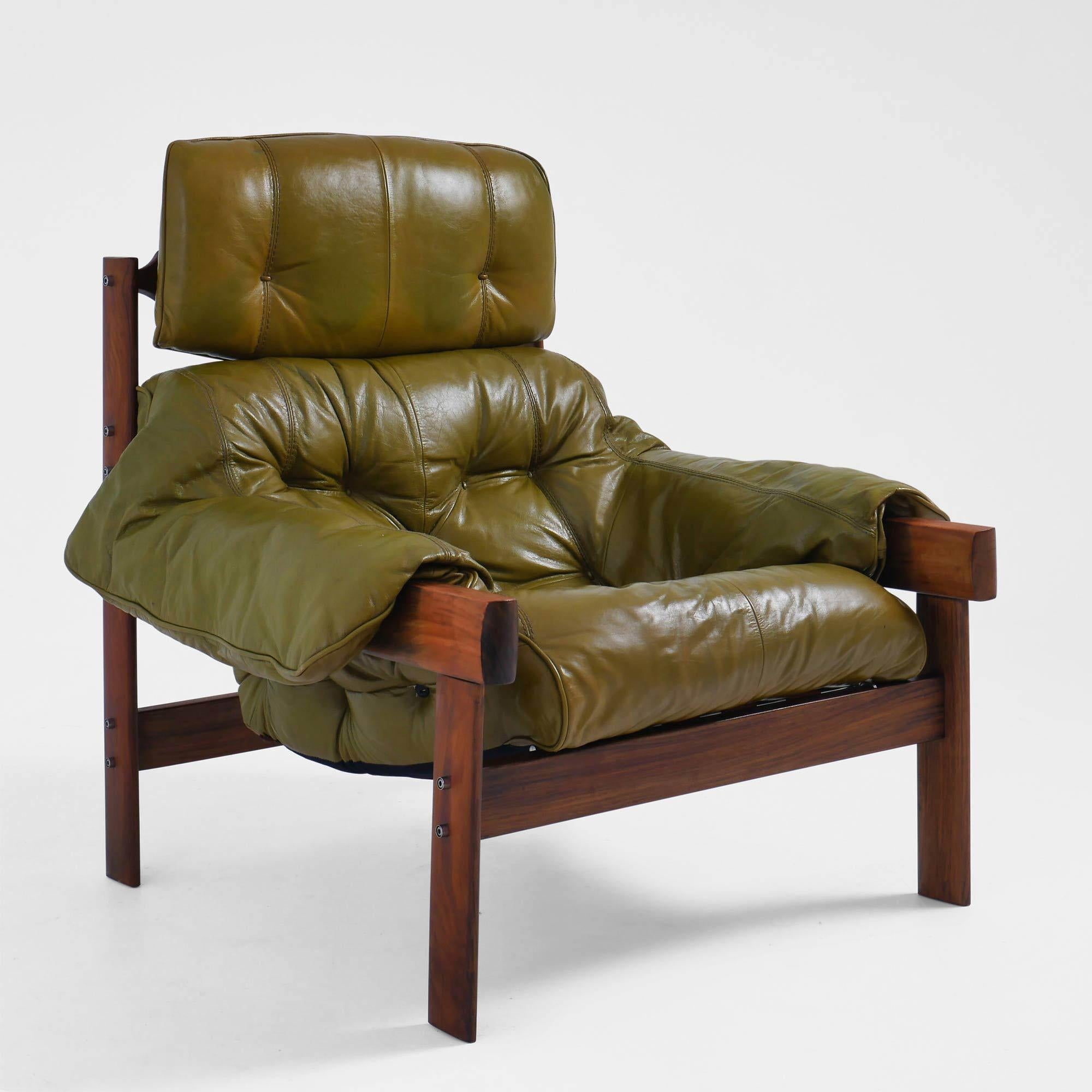Percival Lafer MP-41 Silla de salón y otomana, Brasil, años 70 - Piel verde en Bueno estado para la venta en Oslo, 03